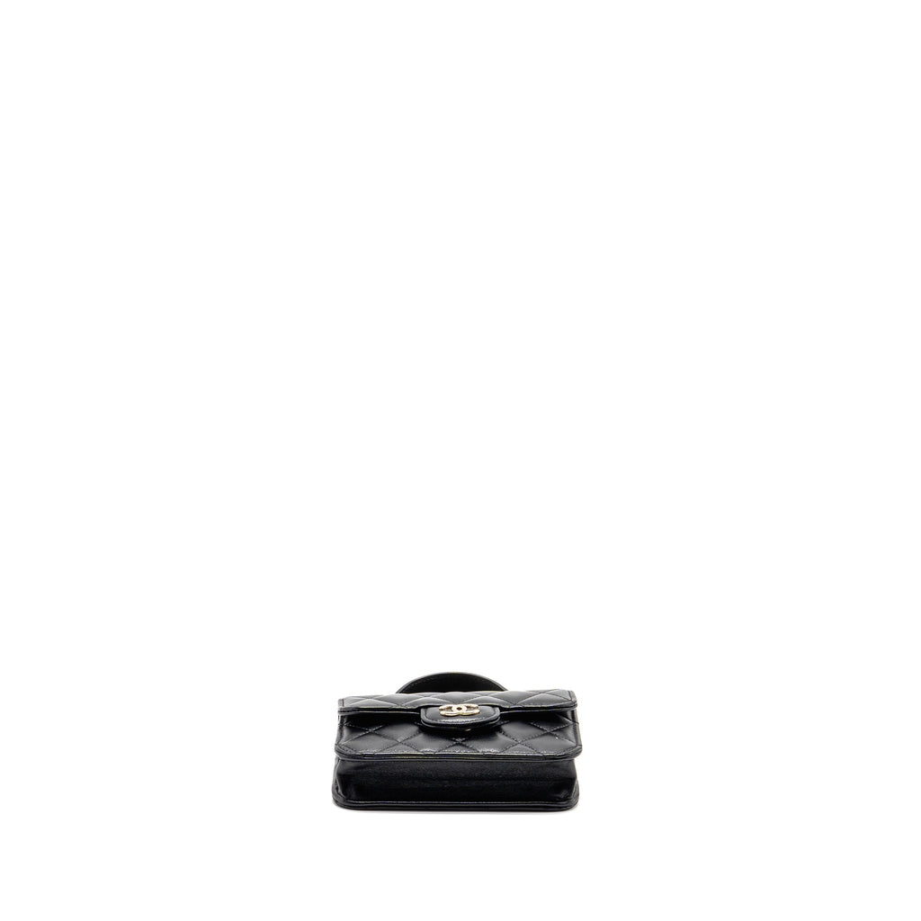 CHANEL MINI TOP HANDLE FLAP COIN PURSE WITH CHAIN LAMBSKIN BLACK LGHW