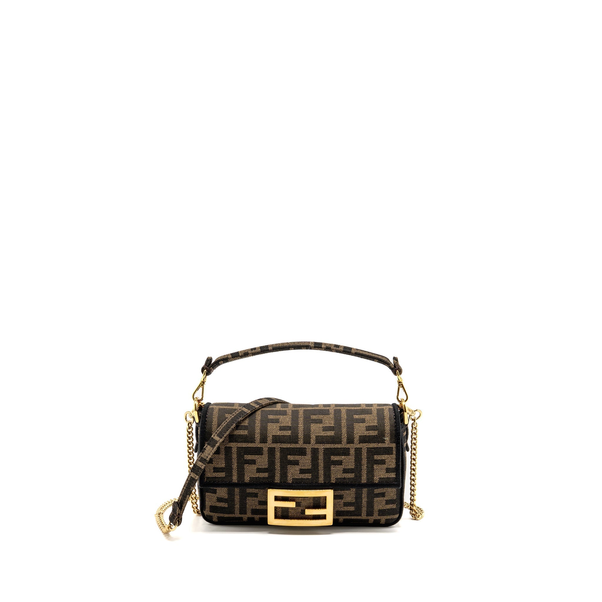 FENDI MINI BAGUETTE FF JACQUARD CANVAS BROWN GHW