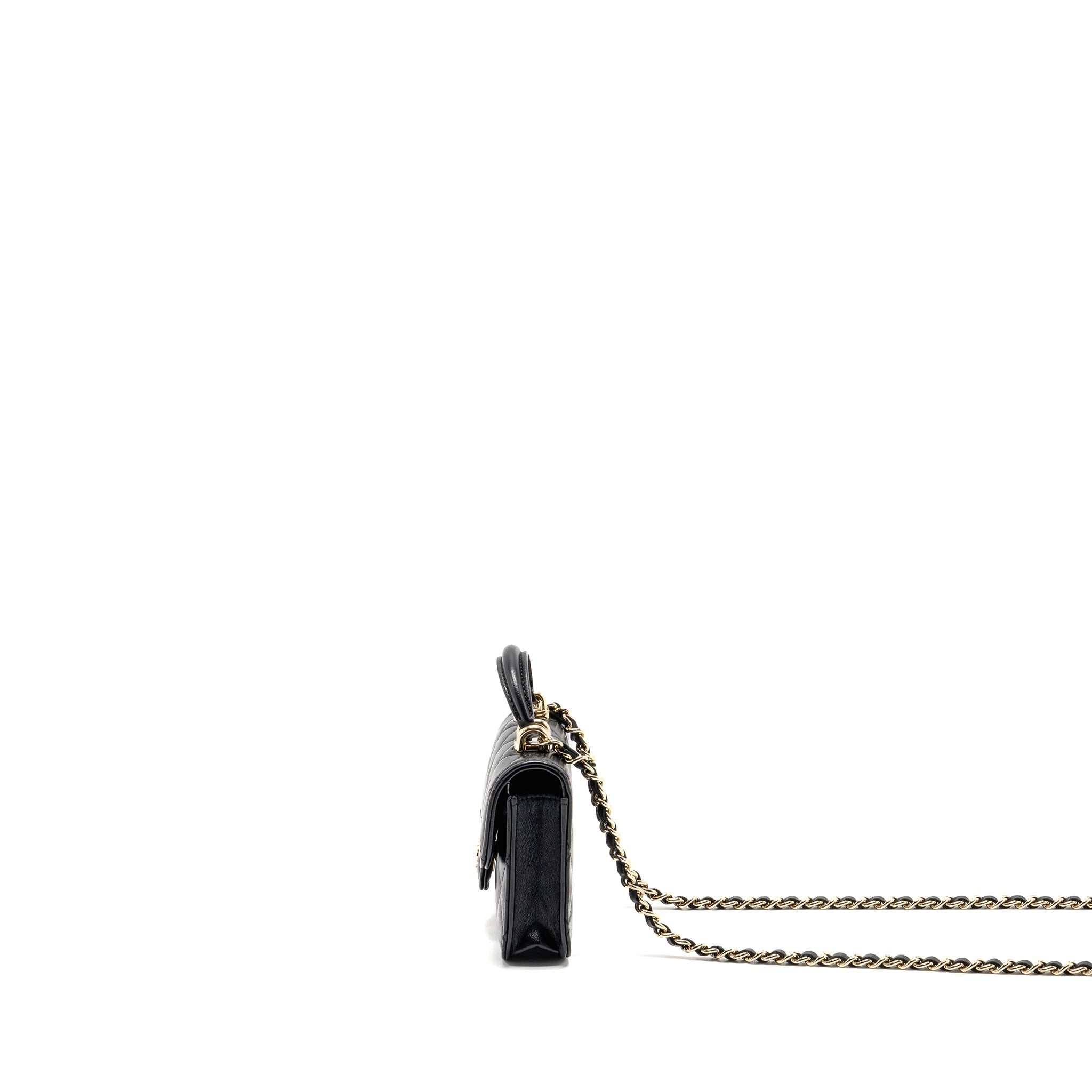 CHANEL MINI TOP HANDLE FLAP COIN PURSE WITH CHAIN LAMBSKIN BLACK LGHW