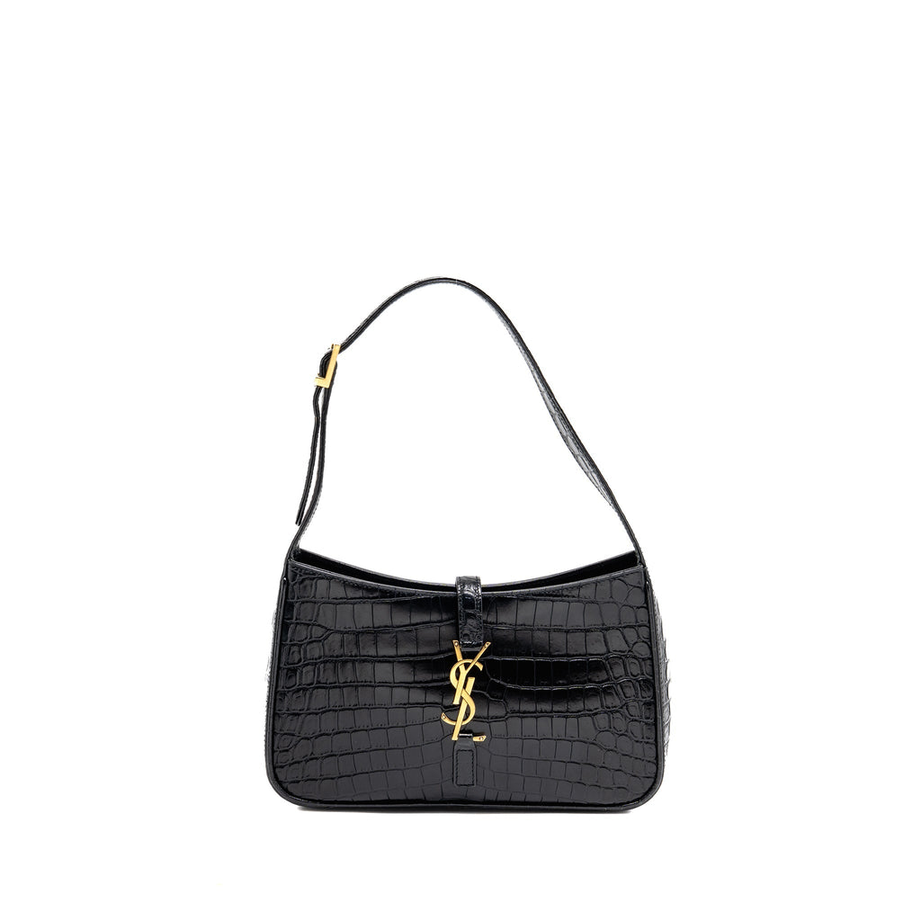 SAINT LAURENT/YSL HOBO SHOULDER BAG CROC EMBOSSED CALFSKIN BLACK GHW