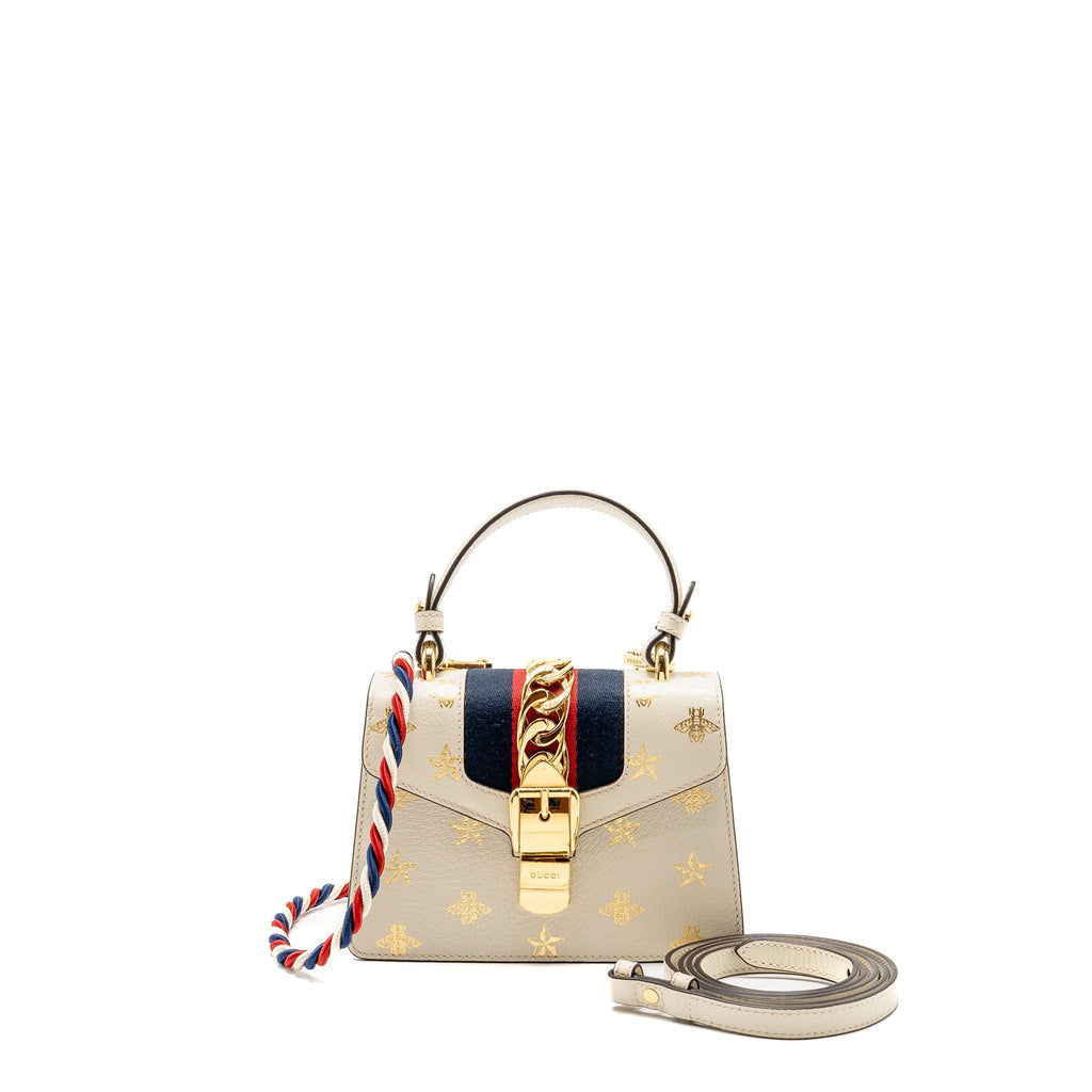 GUCCI MINI SYLVIE BEE STAR TOP HANDLE CALFSKIN WHITE/MULTICOLOUR GHW