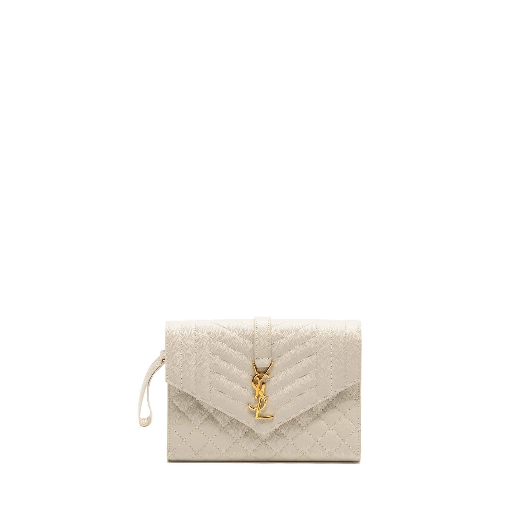 SAINT LAURENT ENVELOPE FLAP POUCH GRAINED CALFSKIN BLANC VINTAGE GHW