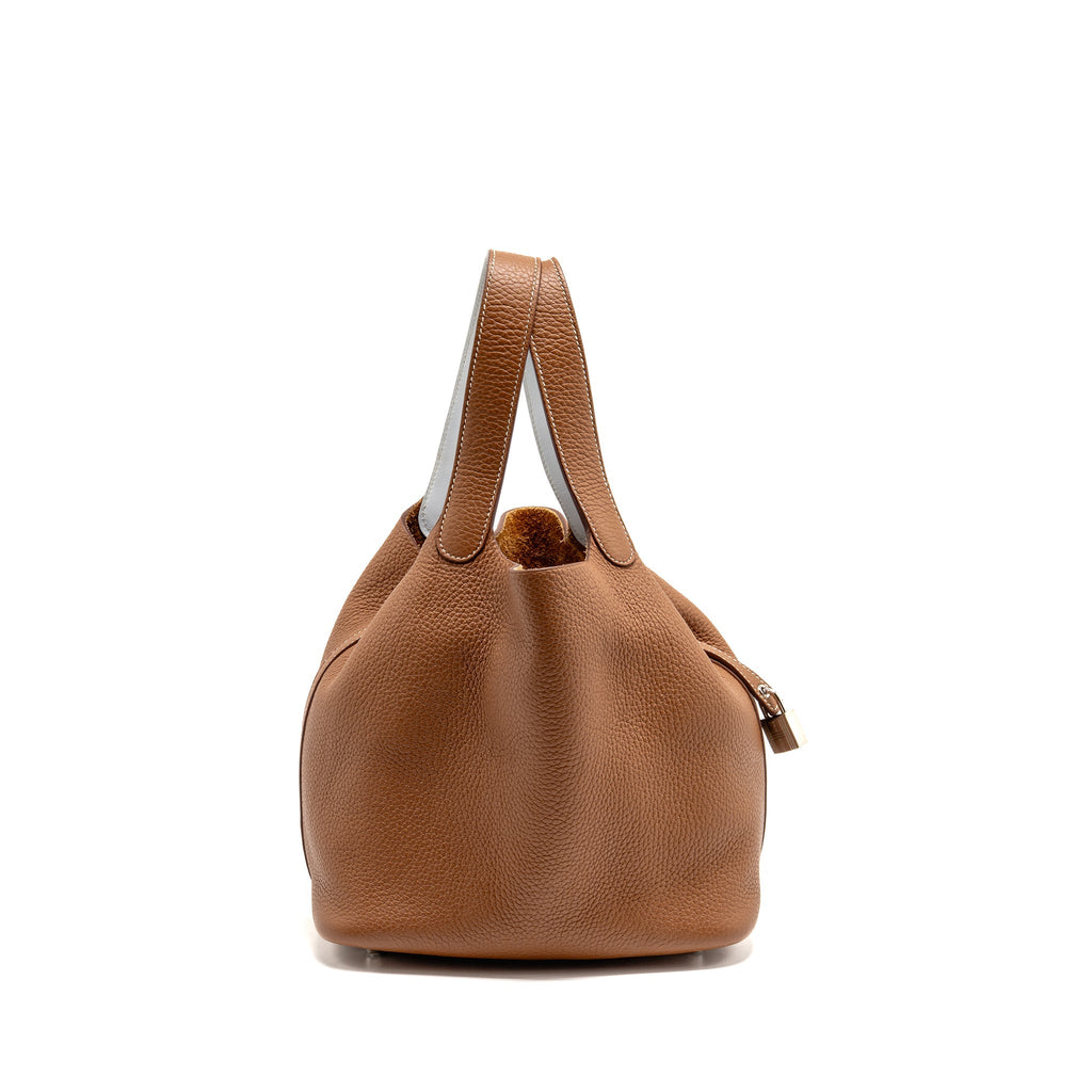 HERMES PICOTIN 22 LOCK BAG CLEMENCE/SWIFT GOLD/BLUE BRUME HANDLE SHW