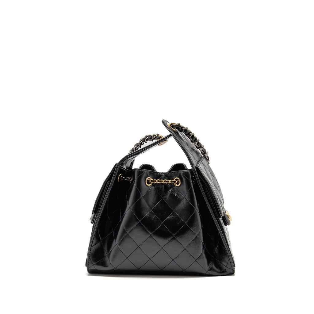 CHANEL SMALL 25 BAG CRUMPLED SHINY CALFSKIN BLACK MULTICOLOUR HARDWARE (MICROCHIP)