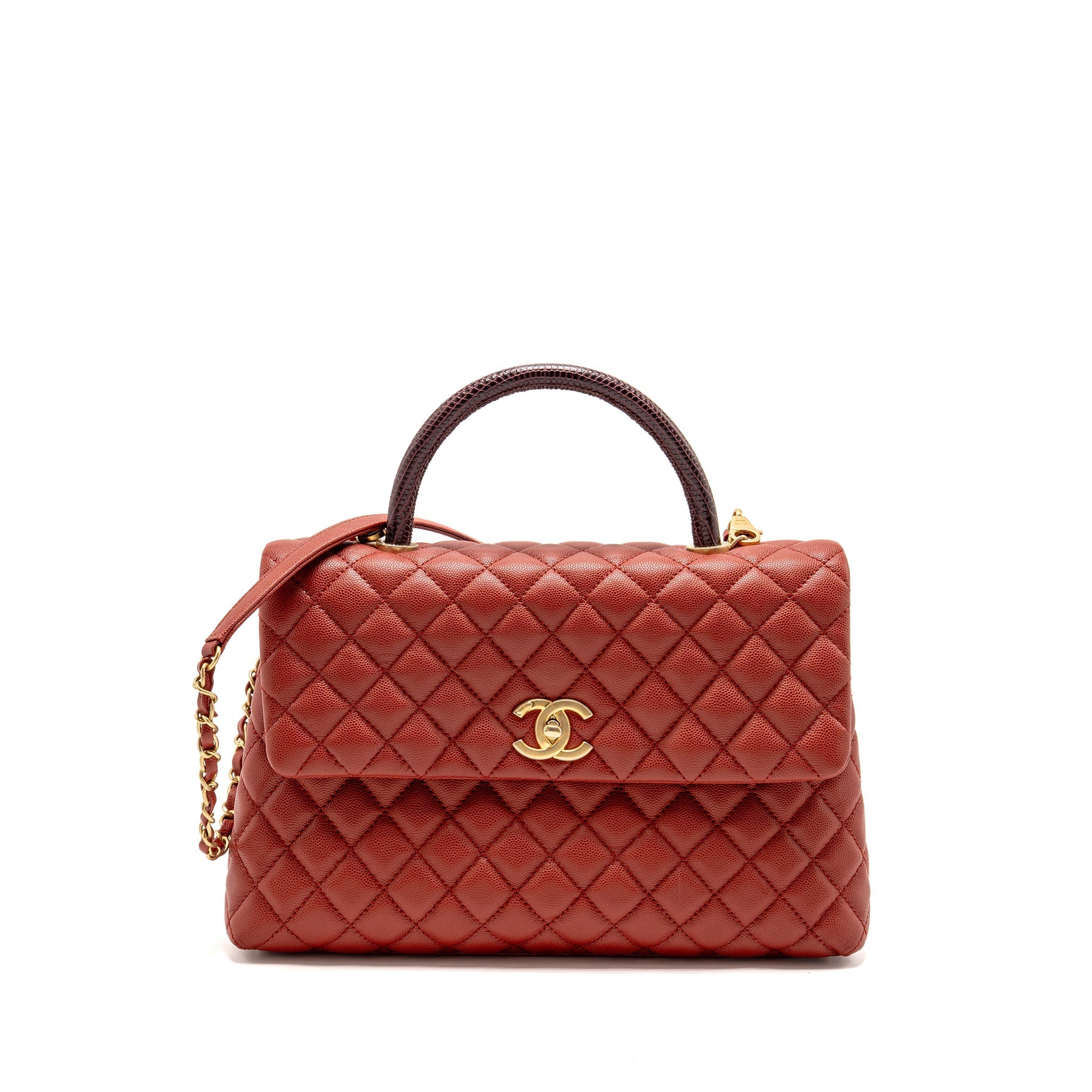 CHANEL LARGE COCO HANDLE WITH LIZARD HANDLE CAVIAR RED GHW