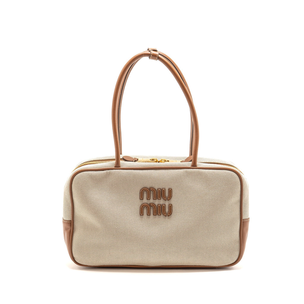MIU MIU BEAU BAG CANVAS/LEATHER BEIGE/BRANDY GHW