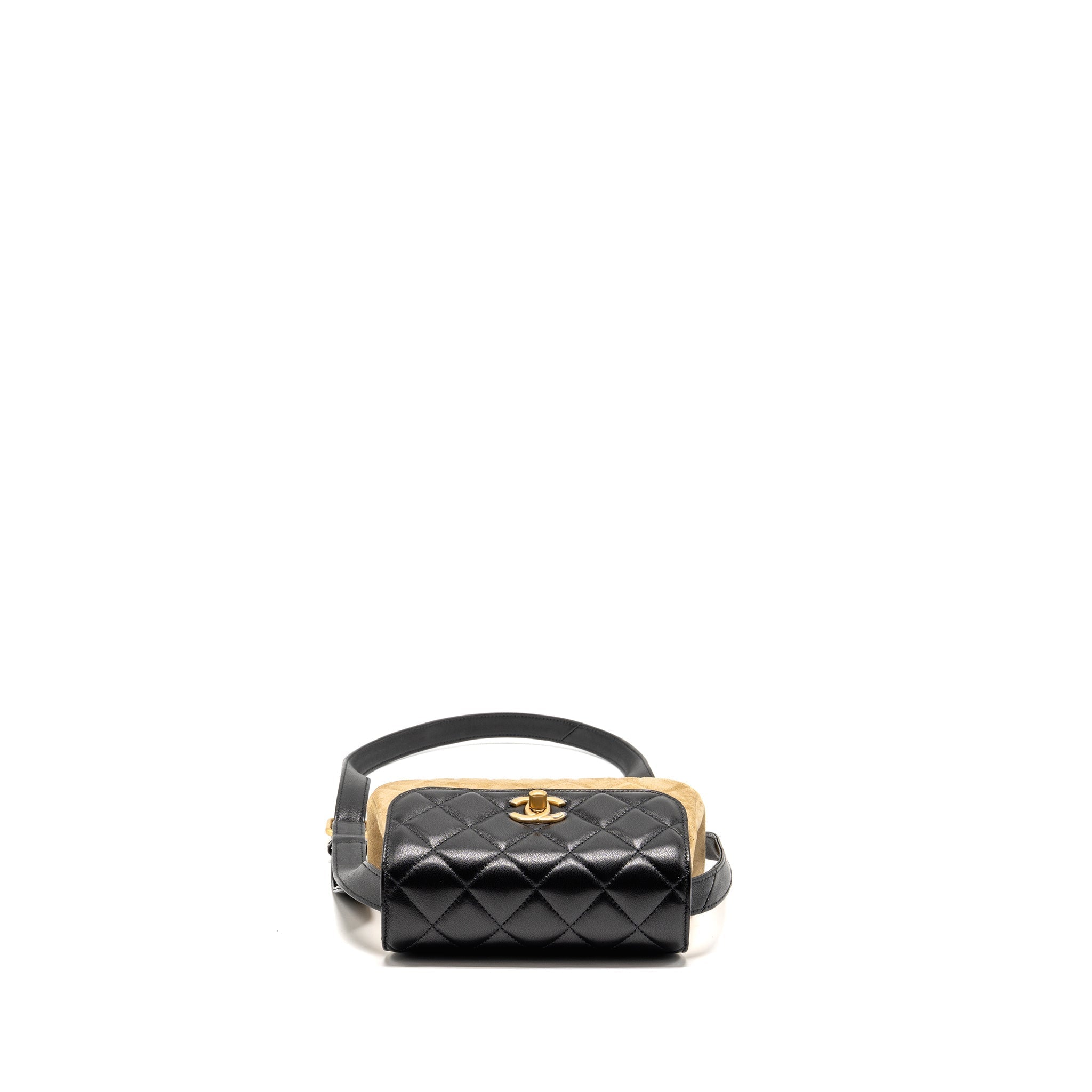 CHANEL 25A SUEDE PATCHWORK MINI CROSSBODY BAG LAMBSKIN BROWN/BLACK GHW (MICROCHIP)