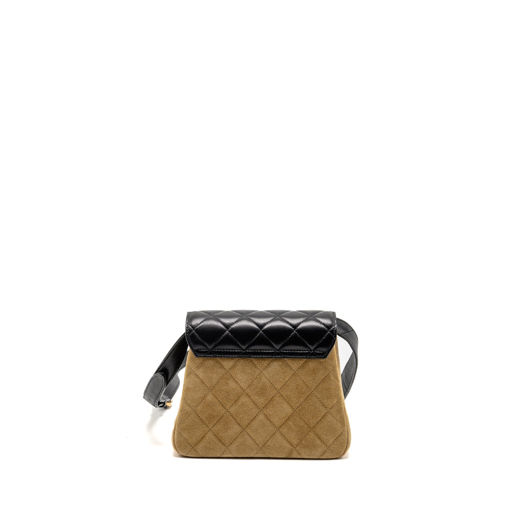 CHANEL 25A SUEDE PATCHWORK MINI CROSSBODY BAG LAMBSKIN BROWN/BLACK GHW (MICROCHIP)