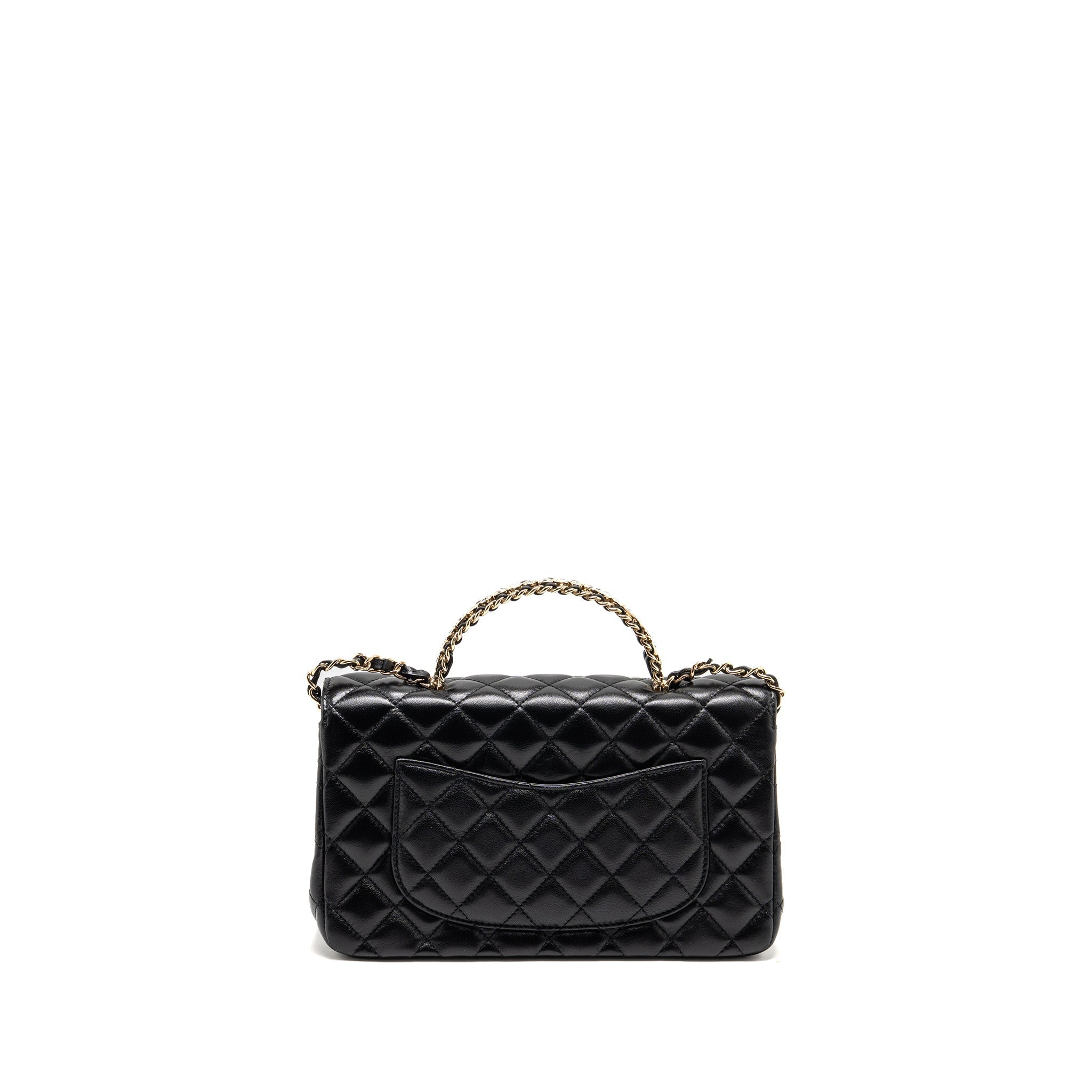CHANEL 23A CRYSTAL TOP HANDLE FLAP BAG SHINY LAMBSKIN BLACK LGHW(MICROCHIP)