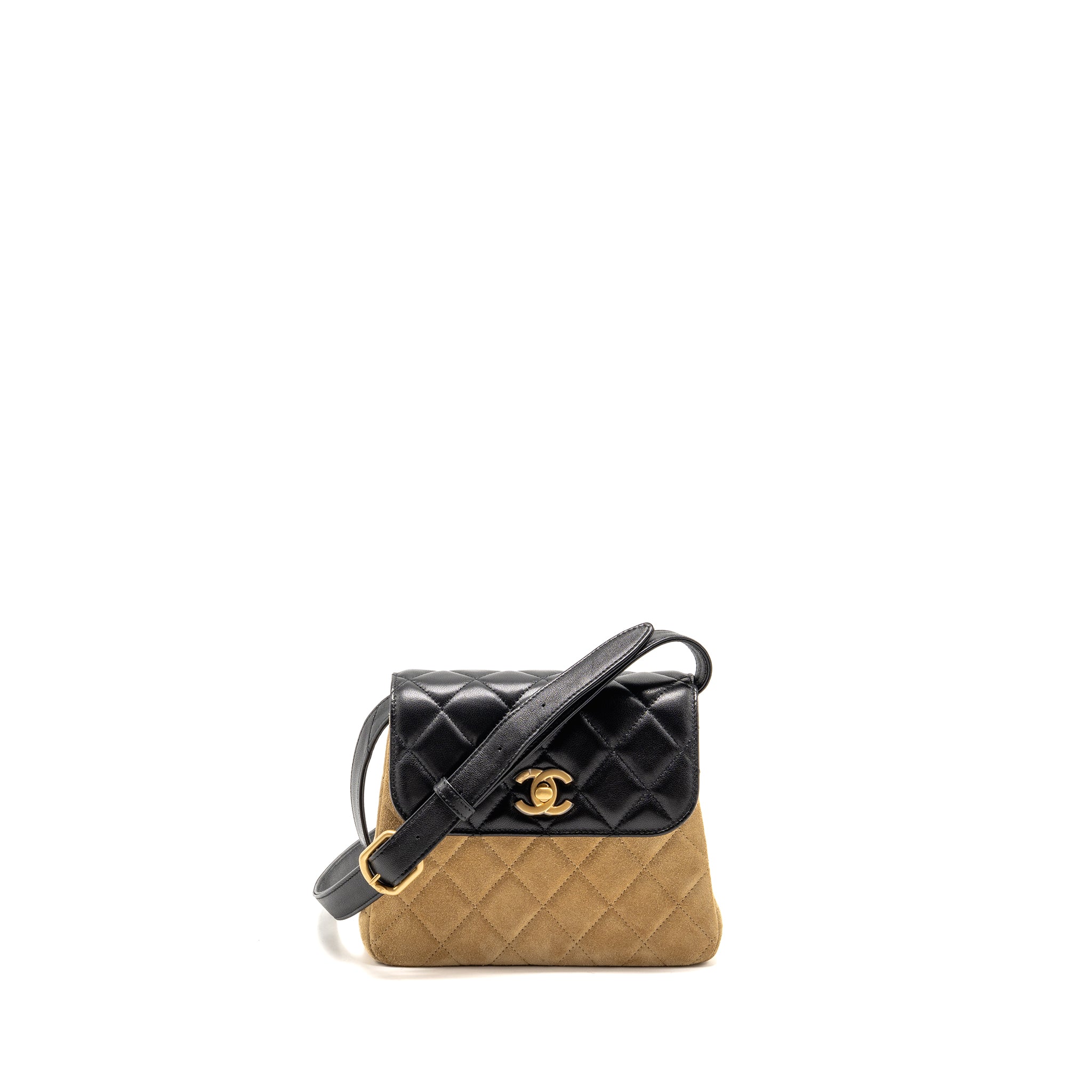 CHANEL 25A SUEDE PATCHWORK MINI CROSSBODY BAG LAMBSKIN BROWN/BLACK GHW (MICROCHIP)
