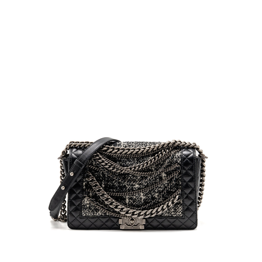 CHANEL MULTI CHAIN BOY BAG CALFSKIN/TWEED BLACK SHW