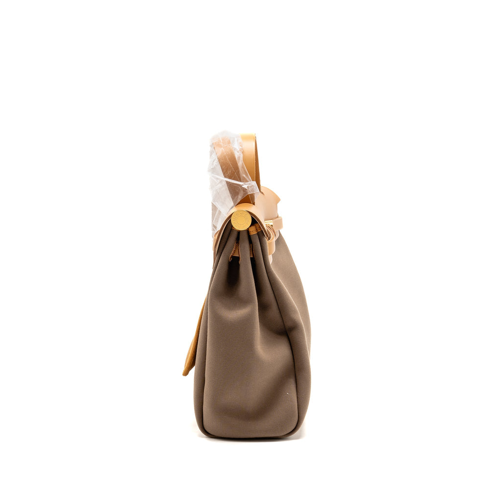HERMES HERBAG 31 ZIP BAG CANVAS/HUNTER LEATHER ETOUPE / NATURAL SABLE GHW