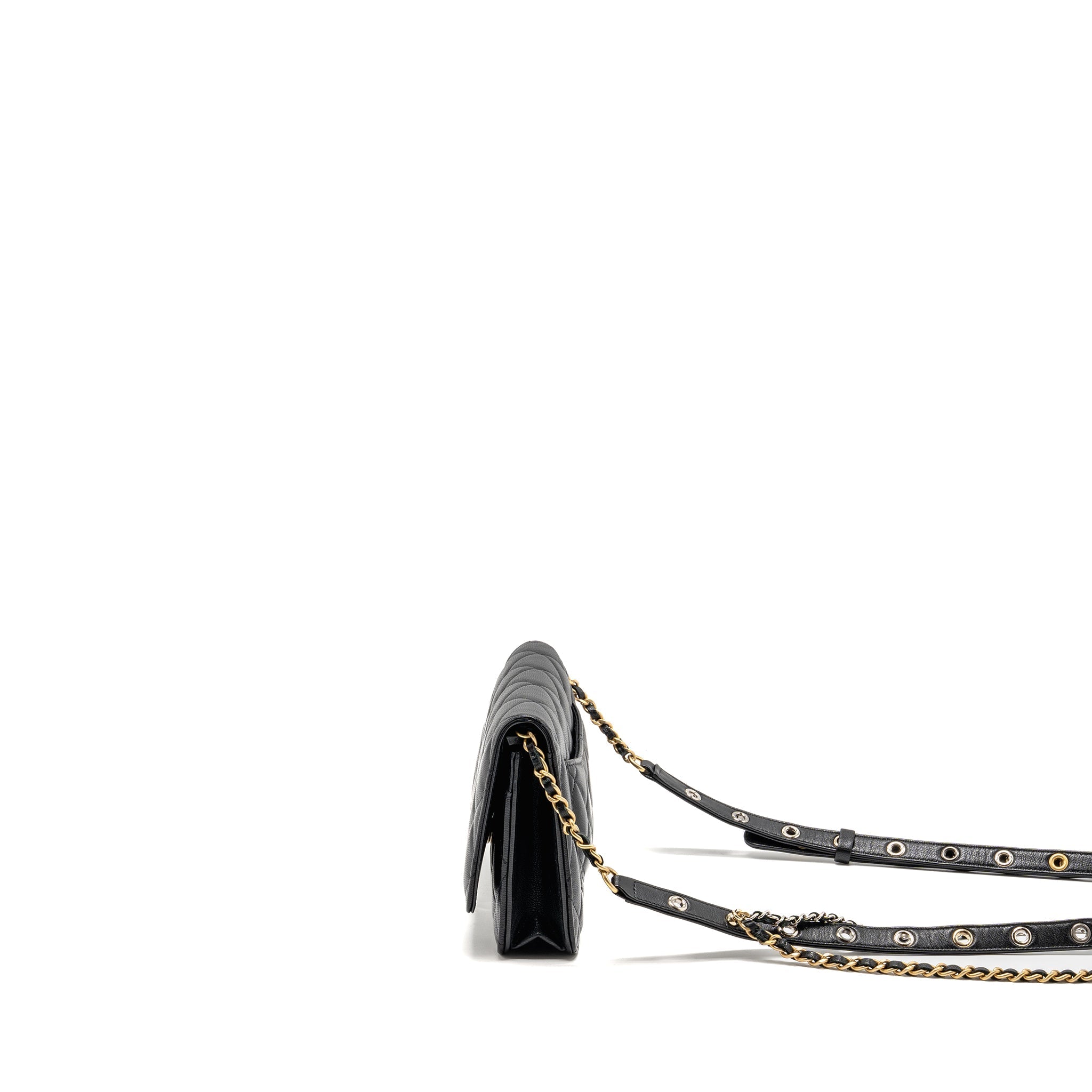 CHANEL DETAILED STRAP WALLET ON CHAIN LAMBSKIN BLACK WITH MULTICOLOUR HARDWARE (MICROCHIP)