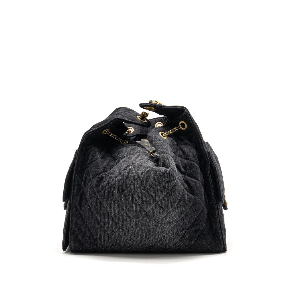 CHANEL 25 MEDIUM HANDBAG WASHED DENIM BLACK GHW (MICROCHIP)