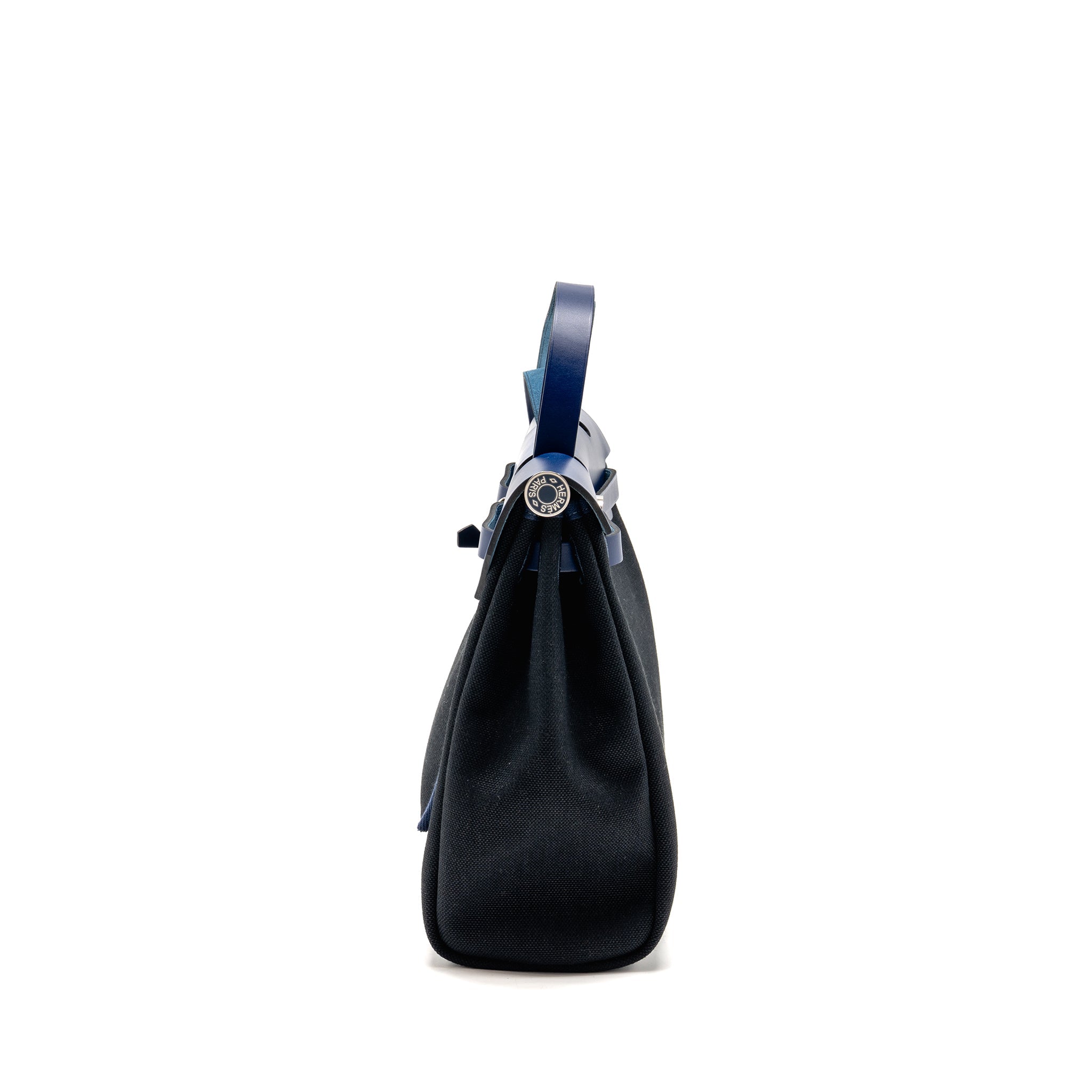 HERMES HERBAG 31 ZIP BAG CANVAS/HUNTER LEATHER BLACK/BLEU SAPHIR SHW