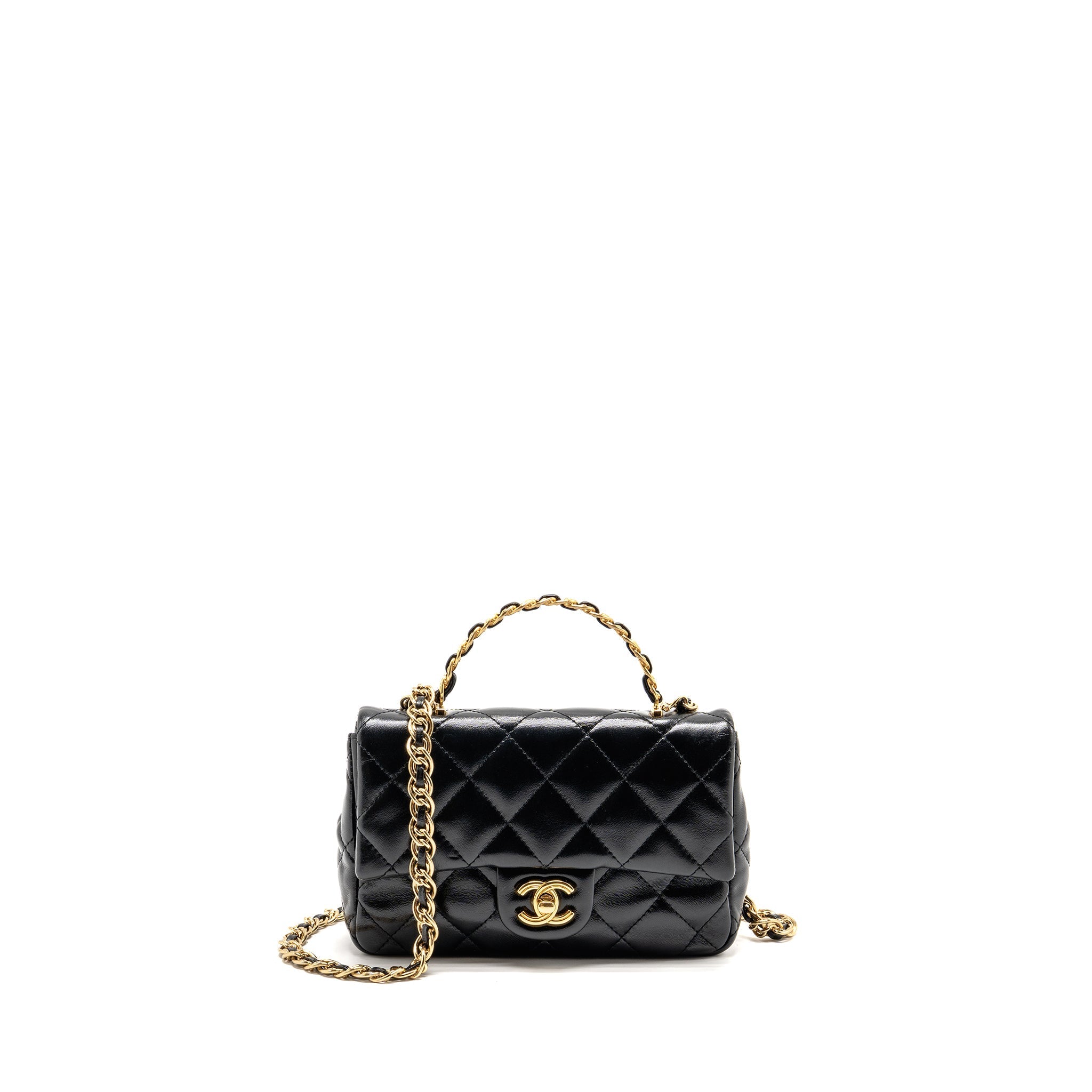CHANEL TOP HANDLE FLAP BAG SHINY LAMBSKIN BLACK GHW (MICROCHIP)