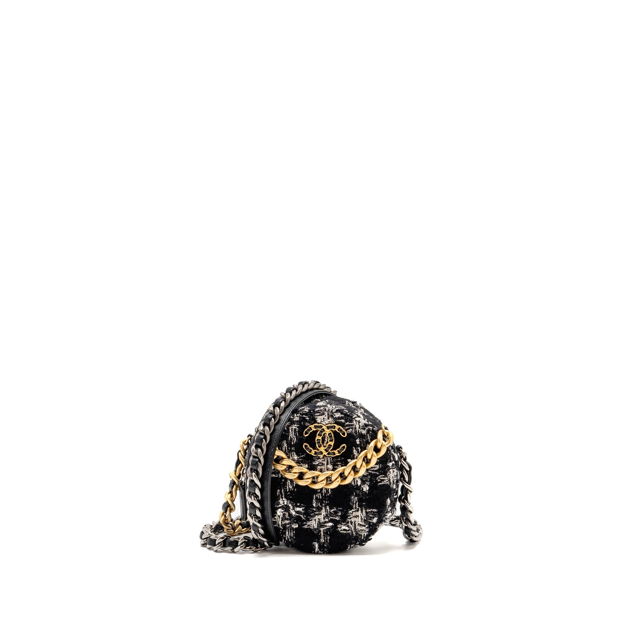 CHANEL 19 ROUND CLUTCH WITH CHAIN TWEED MULTICOLOUR GHW