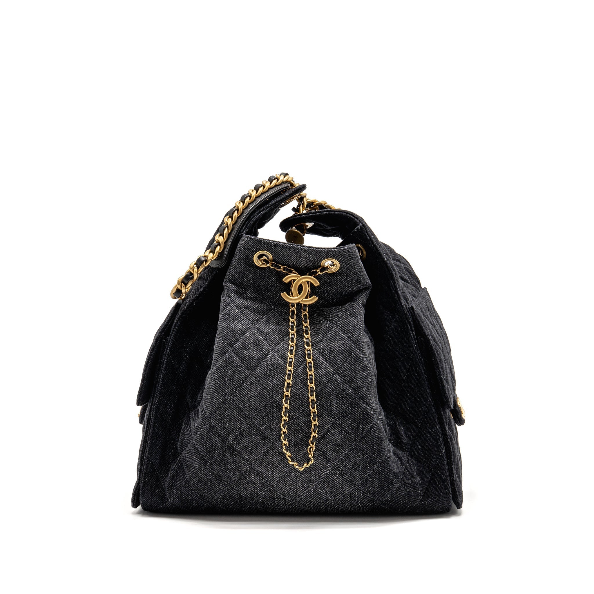 CHANEL 25 MEDIUM HANDBAG WASHED DENIM BLACK GHW (MICROCHIP)