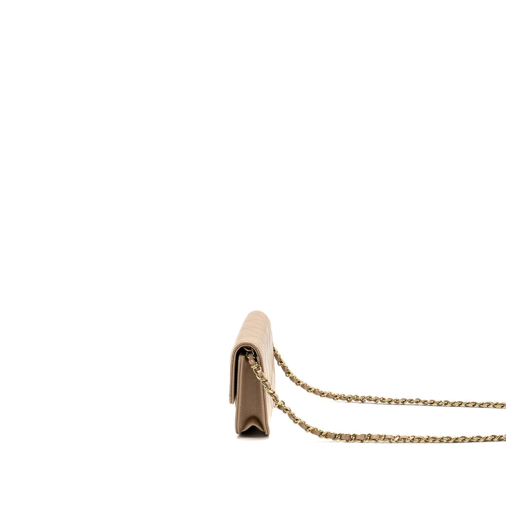 CHANEL MINI FLAP CLUTCH WITH CHAIN CAVIAR DARK BEIGE LGHW (MICROCHIP)
