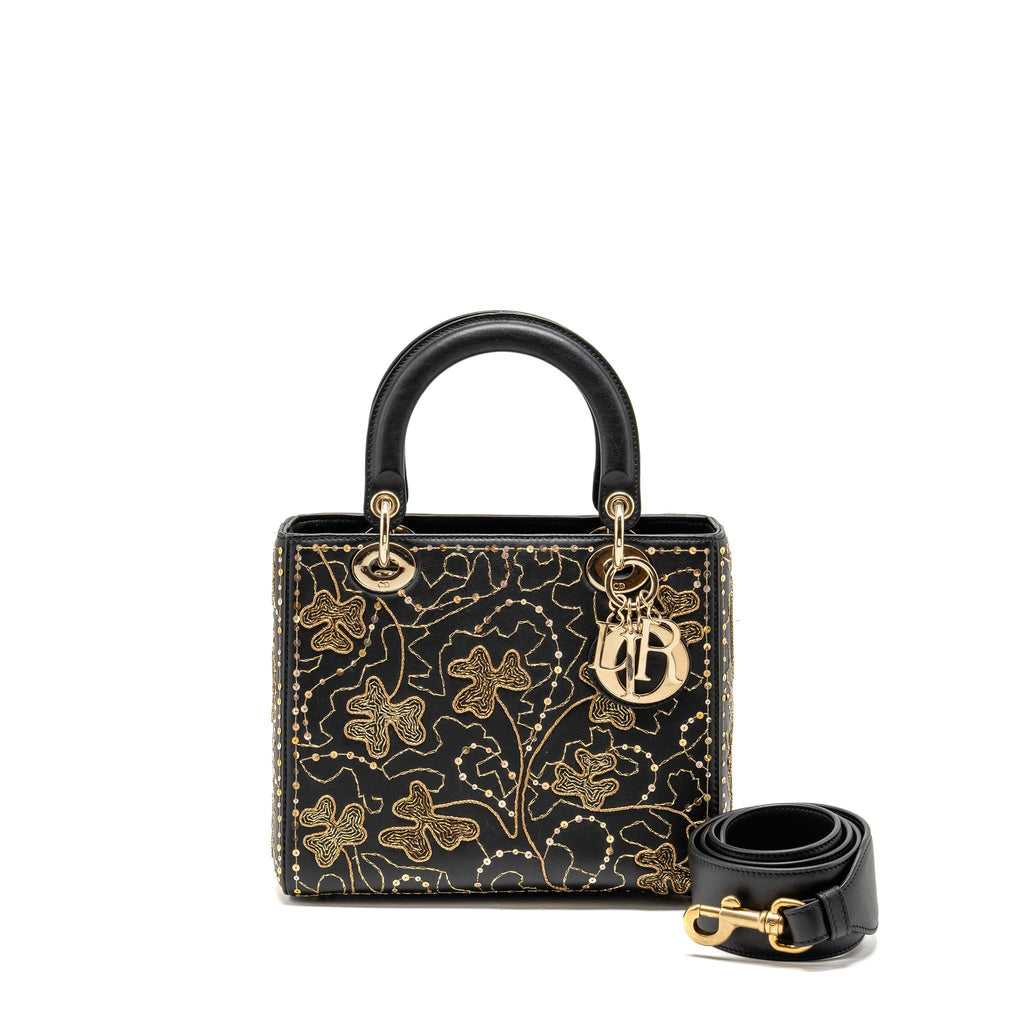 DIOR MEDIUM LADY DIOR EMBROIDERED FLORAL LIMITED EDITION LEATHER BLACK/GOLD GHW