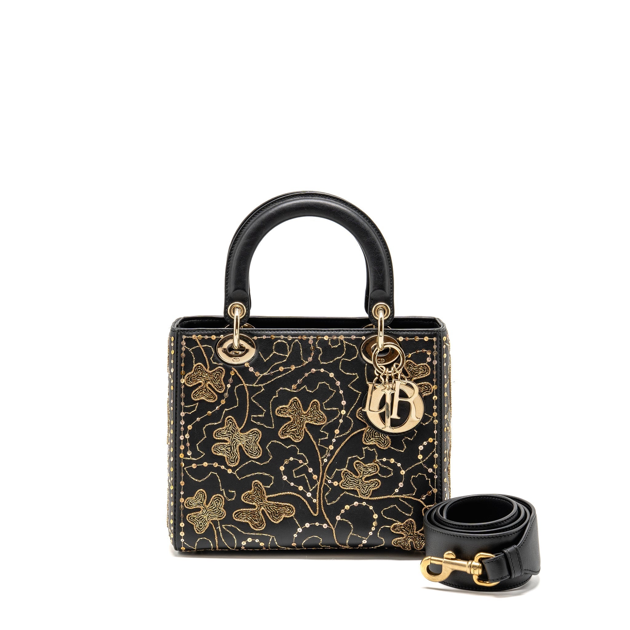 DIOR MEDIUM LADY DIOR EMBROIDERED FLORAL LIMITED EDITION LEATHER BLACK/GOLD GHW