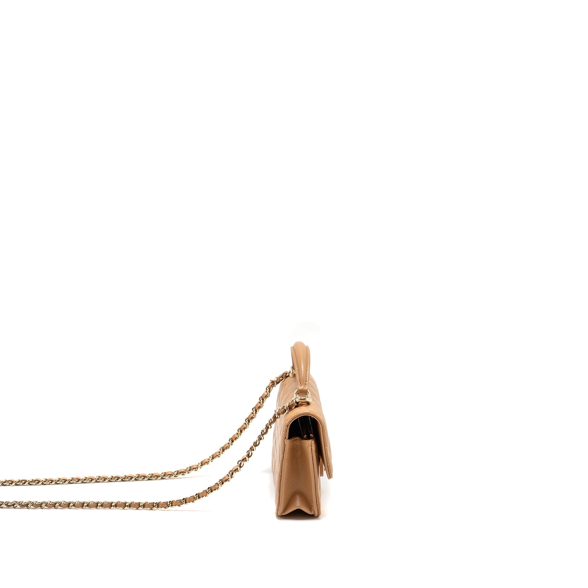 CHANEL TOP HANDLE MINI FLAP BAG WITH CHAIN LAMBSKIN CARAMEL LGHW