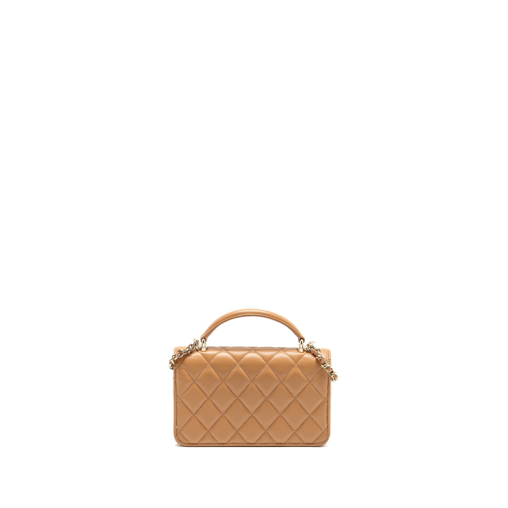 CHANEL TOP HANDLE MINI FLAP BAG WITH CHAIN LAMBSKIN CARAMEL LGHW
