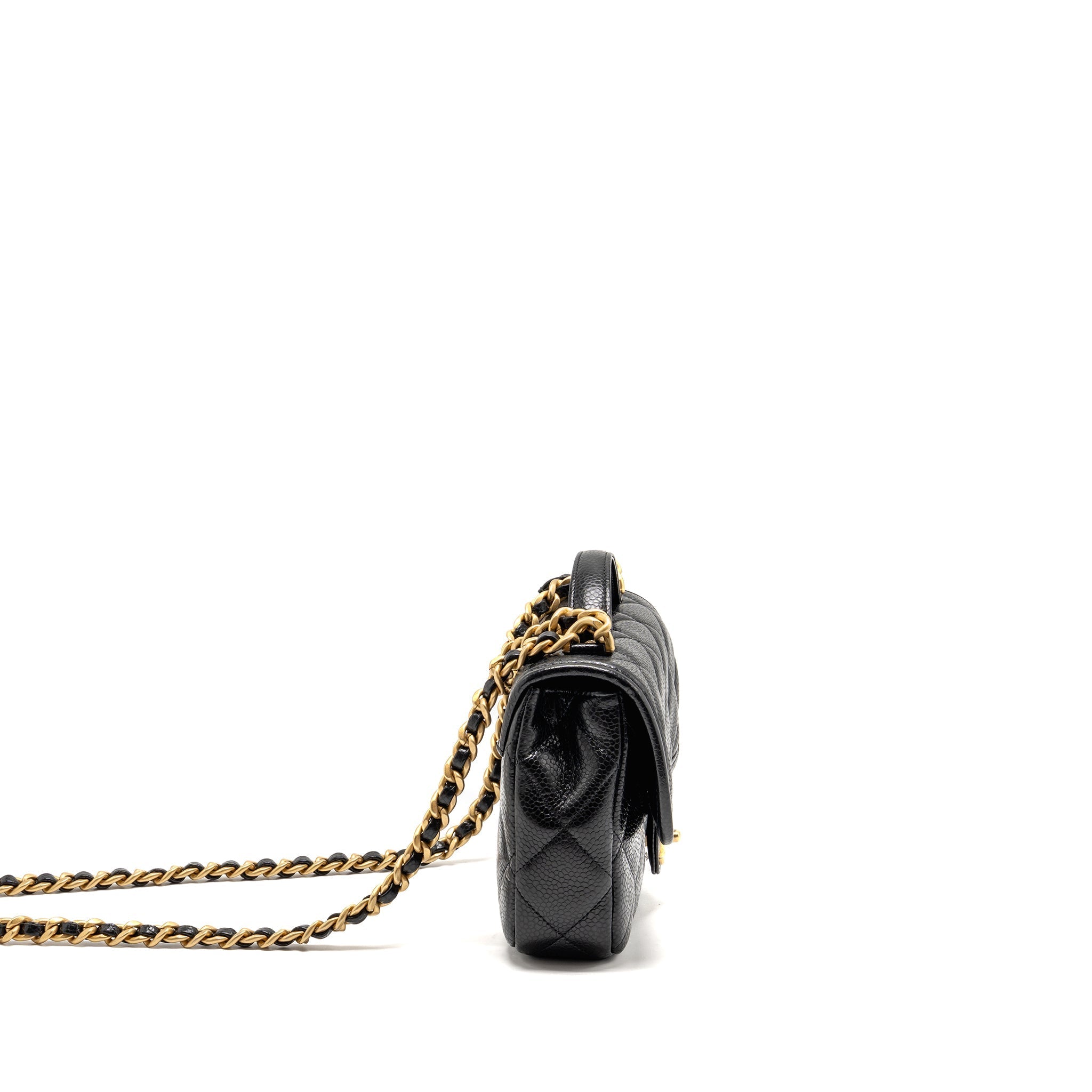 CHANEL TOP HANDLE QUILTED CC FLAP BAG GRAINED SHINY CALFSKIN BLACK GHW (MICROCHIP)