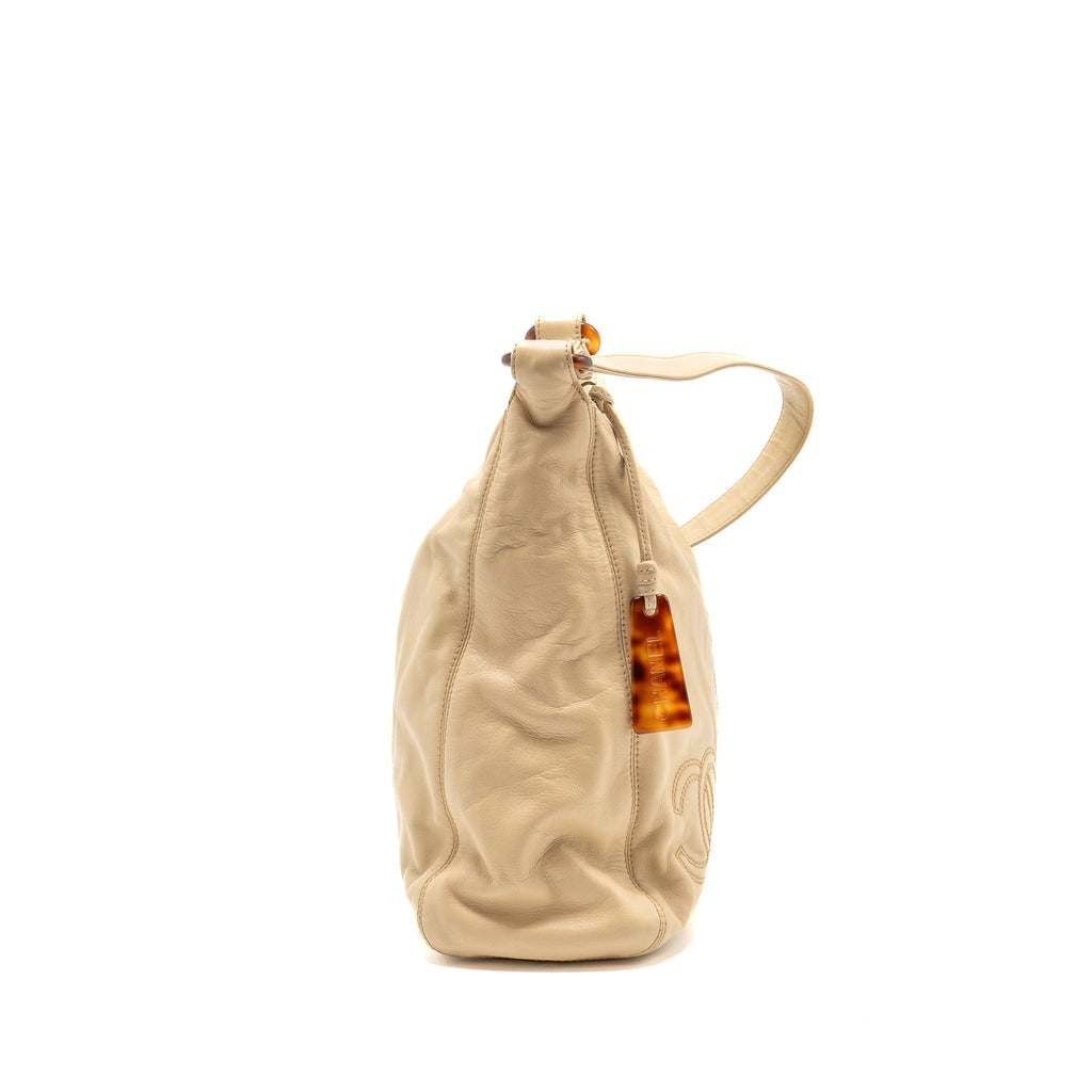 CHANEL VINTAGE TOTE HOBO BAG WITH TORTOISESHELL TAG LEATHER BEIGE LGHW