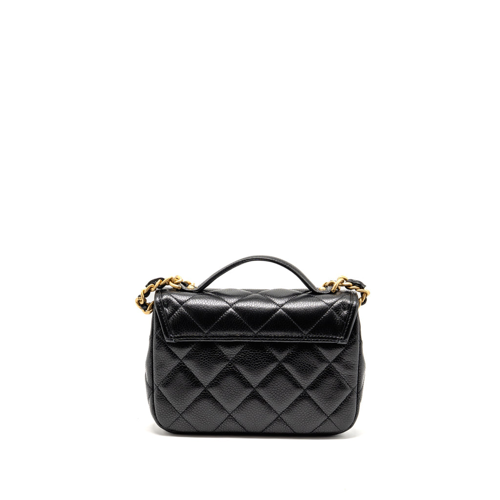CHANEL TOP HANDLE QUILTED CC FLAP BAG GRAINED SHINY CALFSKIN BLACK GHW (MICROCHIP)