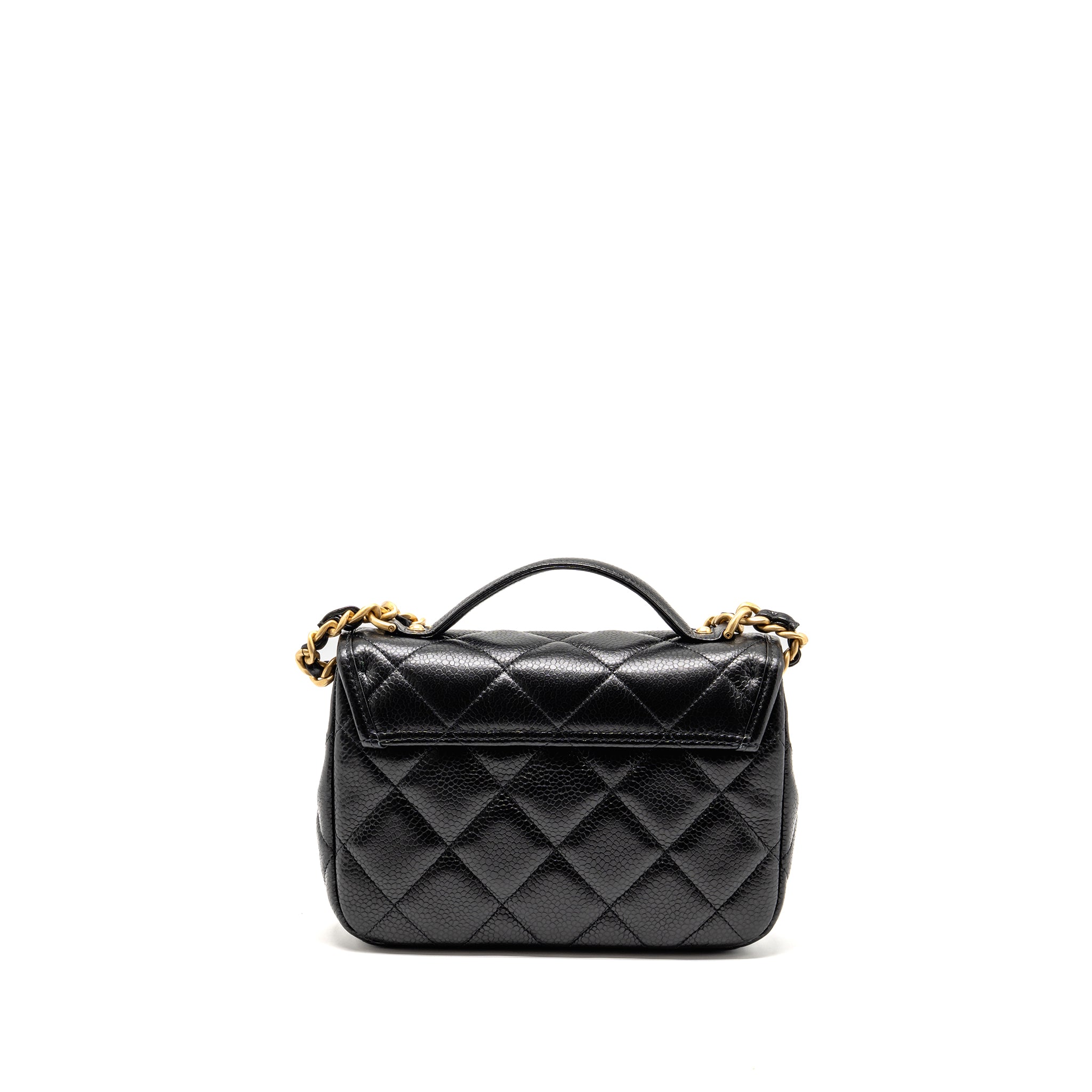 CHANEL TOP HANDLE QUILTED CC FLAP BAG GRAINED SHINY CALFSKIN BLACK GHW (MICROCHIP)