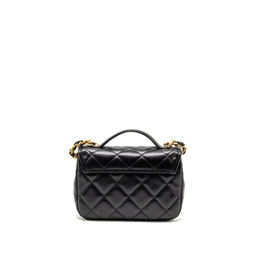 CHANEL TOP HANDLE QUILTED CC FLAP BAG GRAINED SHINY CALFSKIN BLACK GHW (MICROCHIP)