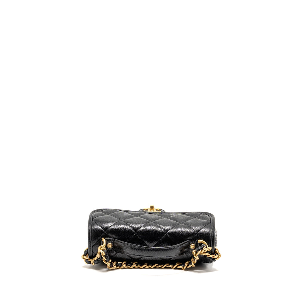 CHANEL TOP HANDLE QUILTED CC FLAP BAG GRAINED SHINY CALFSKIN BLACK GHW (MICROCHIP)