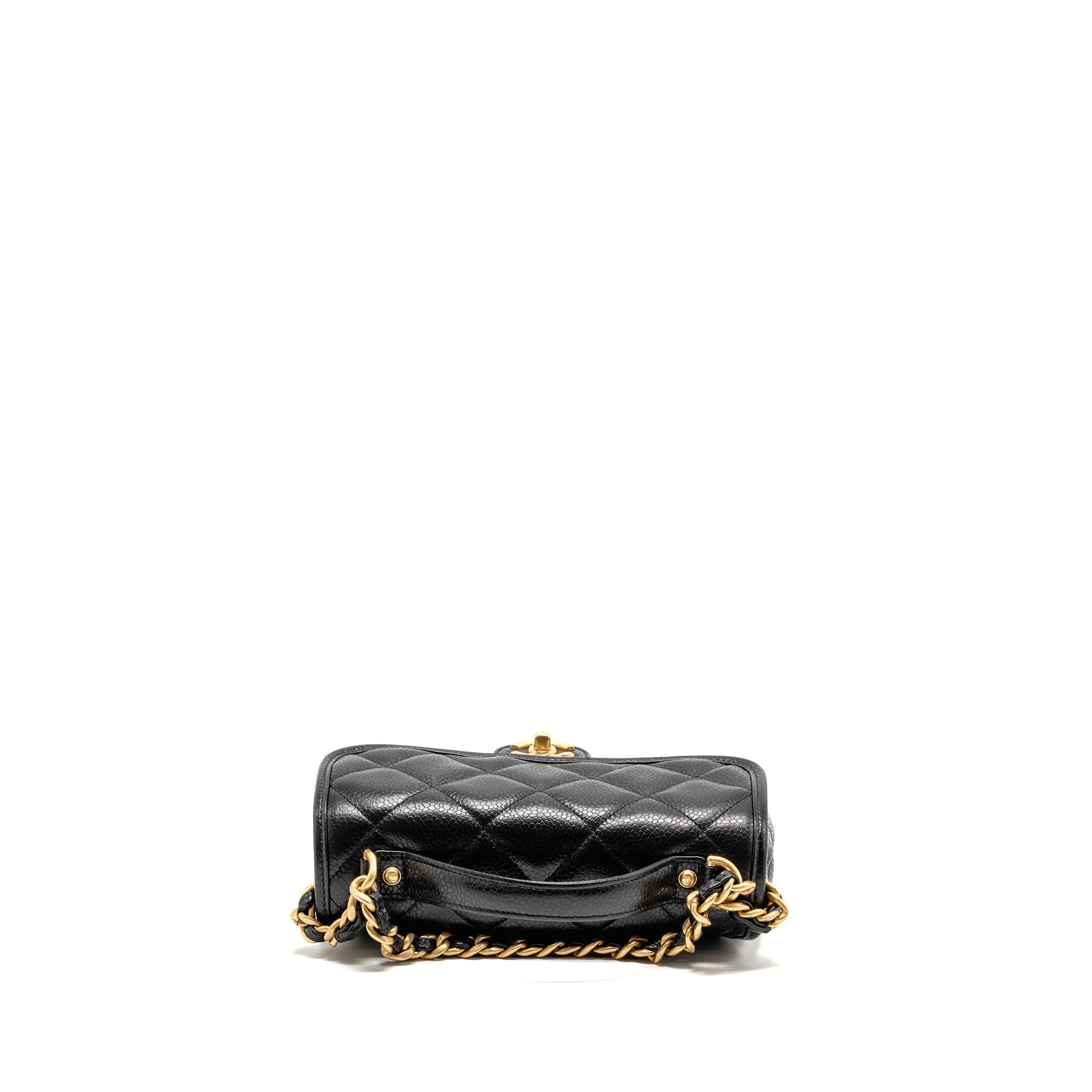 CHANEL TOP HANDLE QUILTED CC FLAP BAG GRAINED SHINY CALFSKIN BLACK GHW (MICROCHIP)