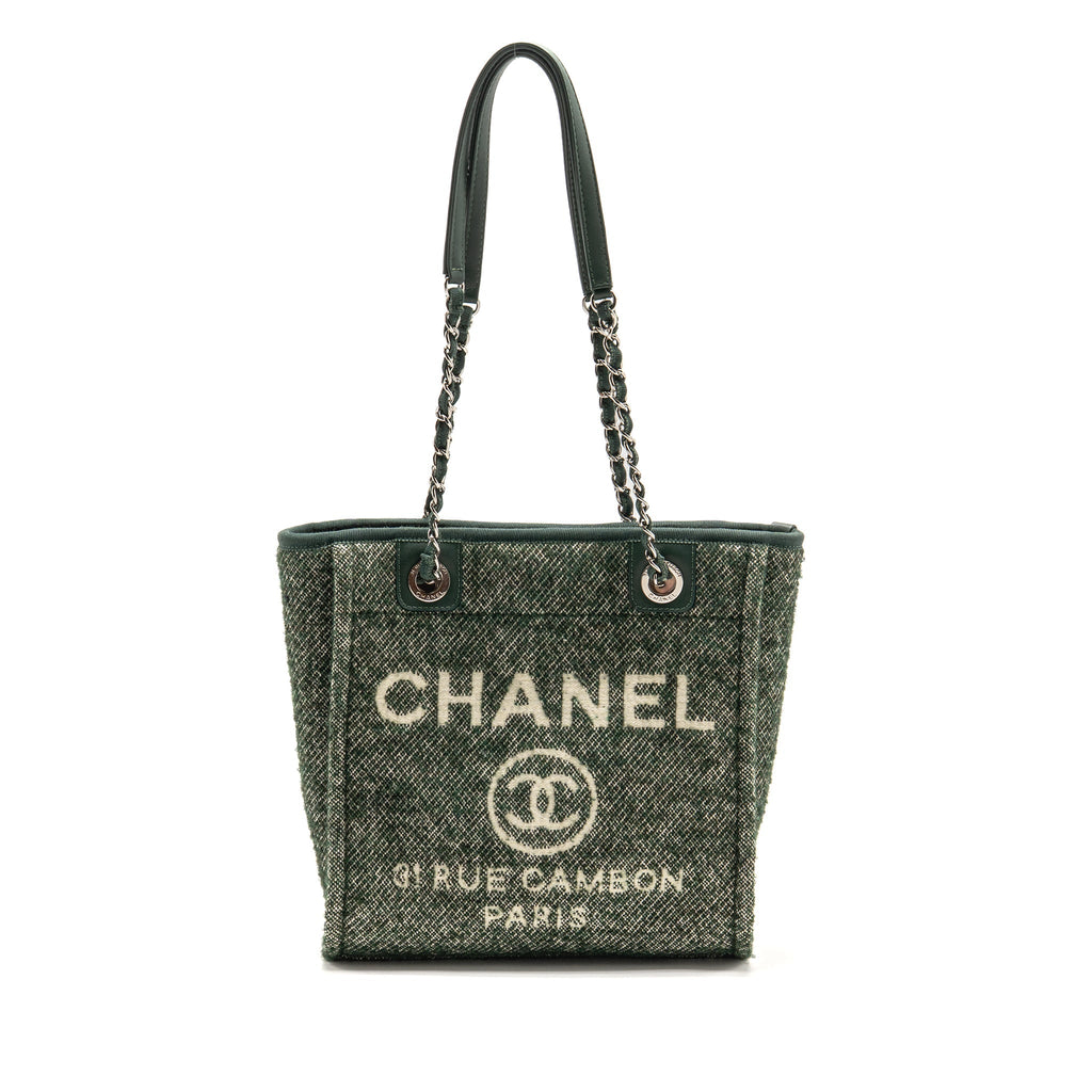 CHANEL SMALL SHOPPING TOTE BAG FABRIC/LEATHER GREEN/WHITE SHW (MICROCHIP)