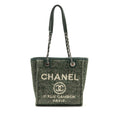 CHANEL SMALL SHOPPING TOTE BAG FABRIC/LEATHER GREEN/WHITE SHW (MICROCHIP)