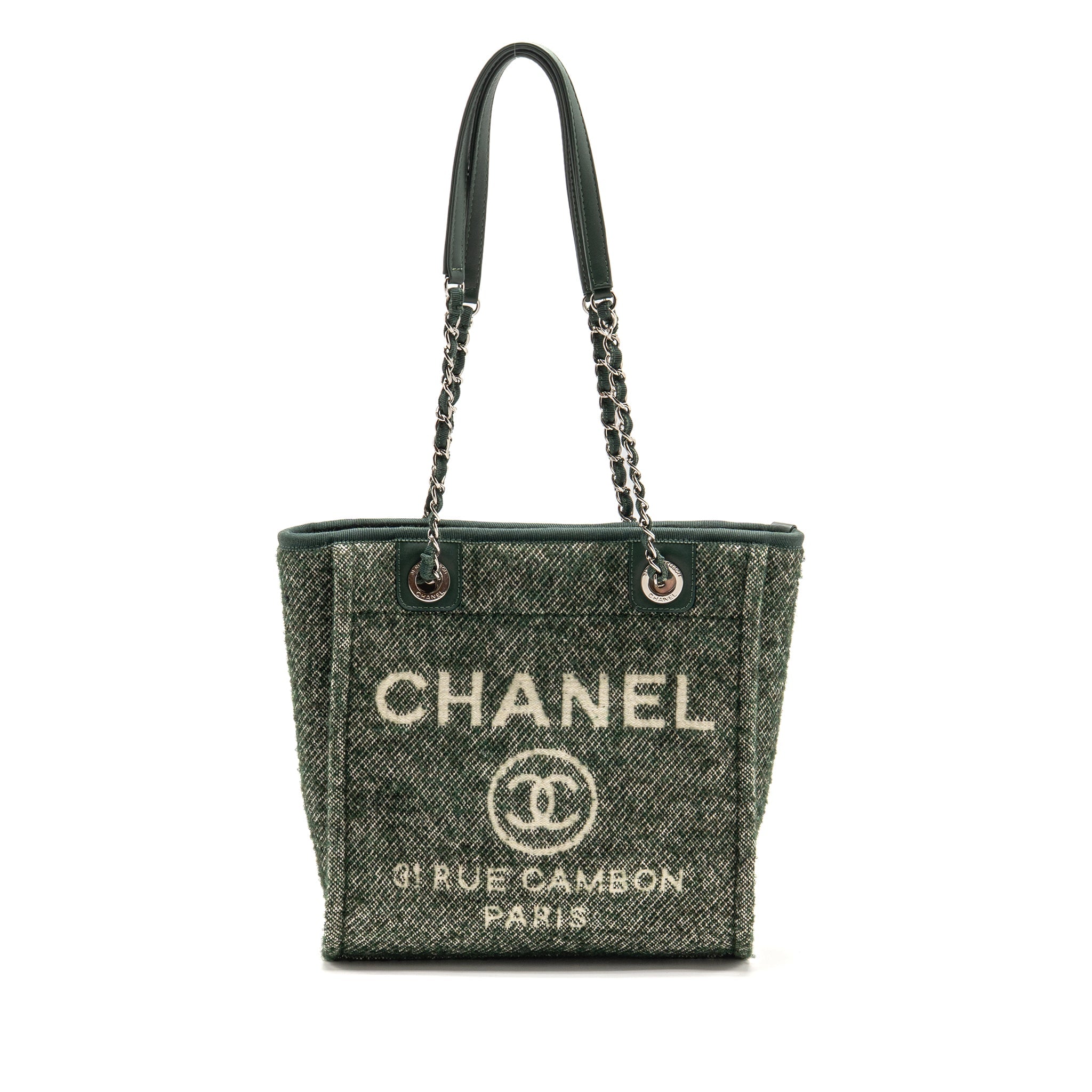 CHANEL SMALL SHOPPING TOTE BAG FABRIC/LEATHER GREEN/WHITE SHW (MICROCHIP)