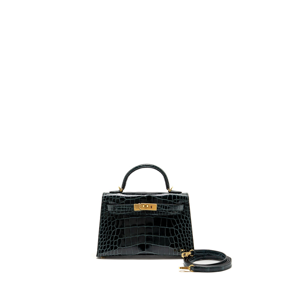 HERMES MINI KELLY II SHINY ALLIGATOR MISSISSIPPIENSIS 6O VERT CYPRES GHW