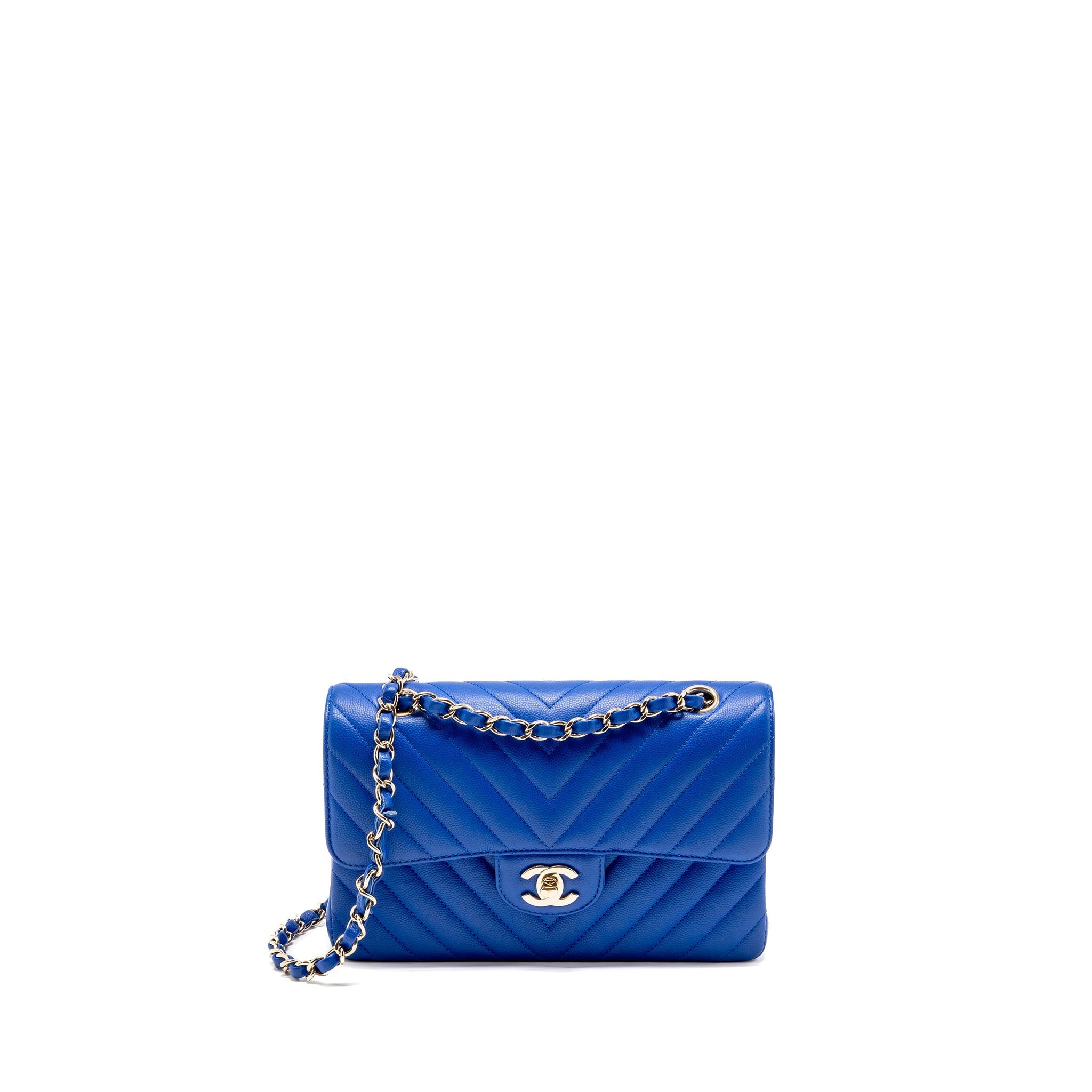 CHANEL SMALL CLASSIC DOUBLE FLAP BAG CHEVRON CAVIAR BLUE LGHW