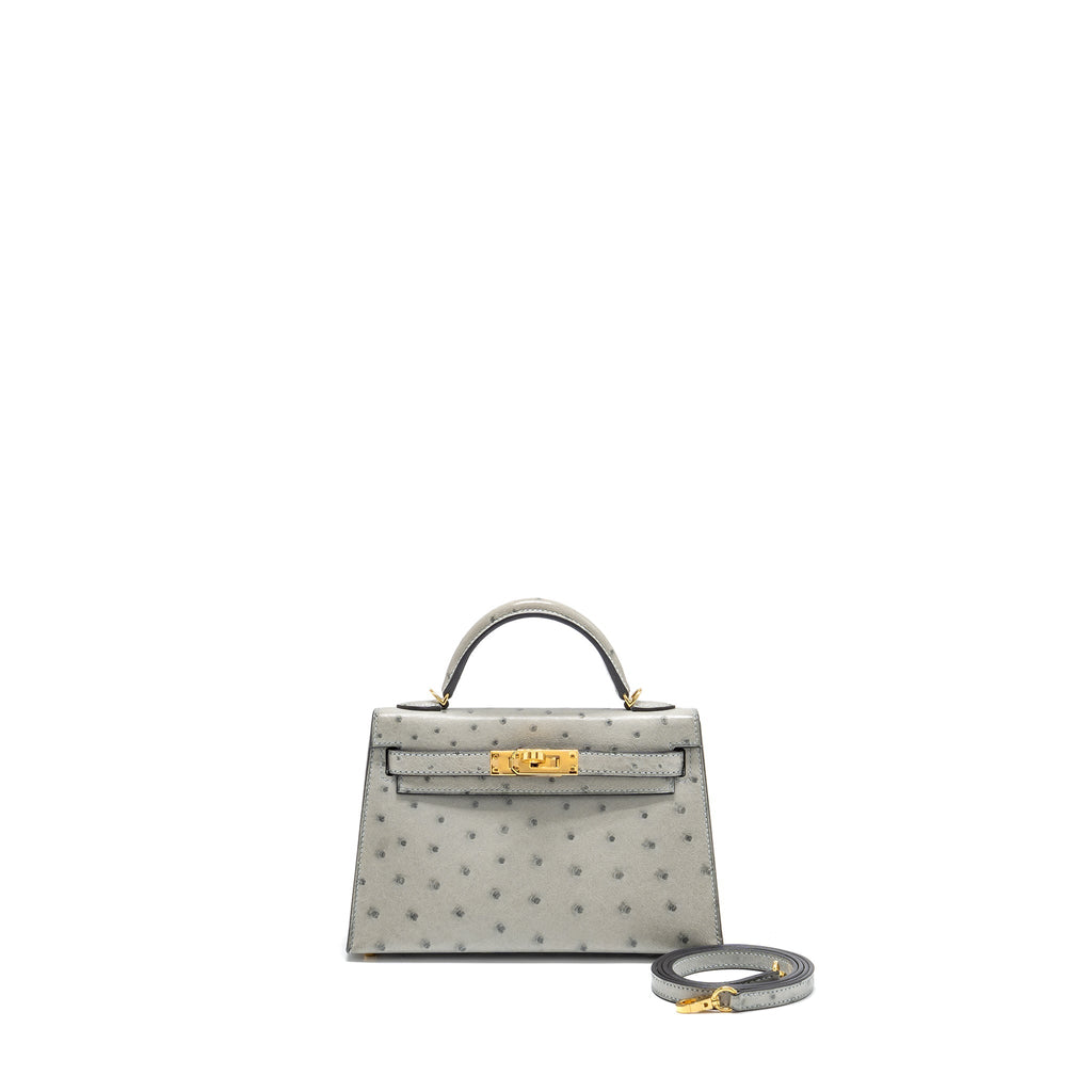 HERMES MINI KELLY II OSTRICH BLUE GLAZIER GHW