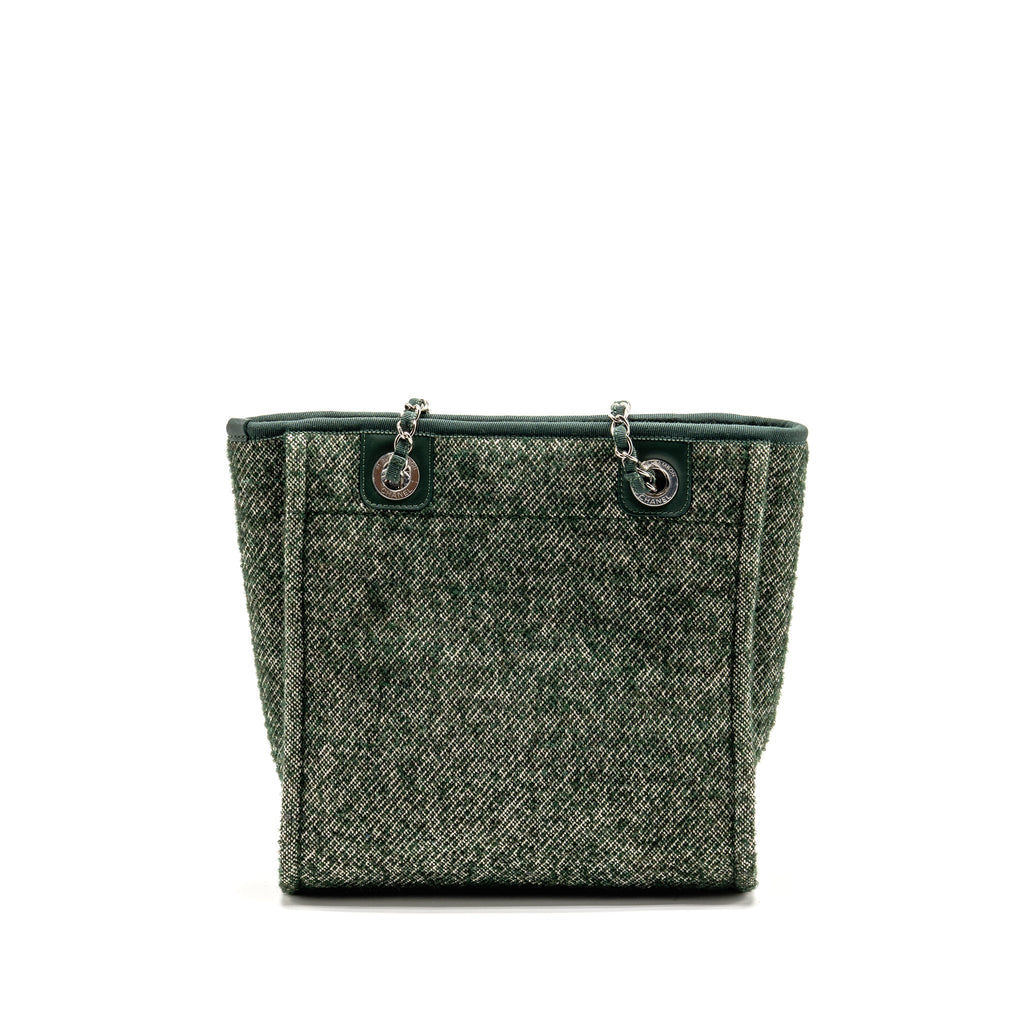 CHANEL SMALL SHOPPING TOTE BAG FABRIC/LEATHER GREEN/WHITE SHW (MICROCHIP)