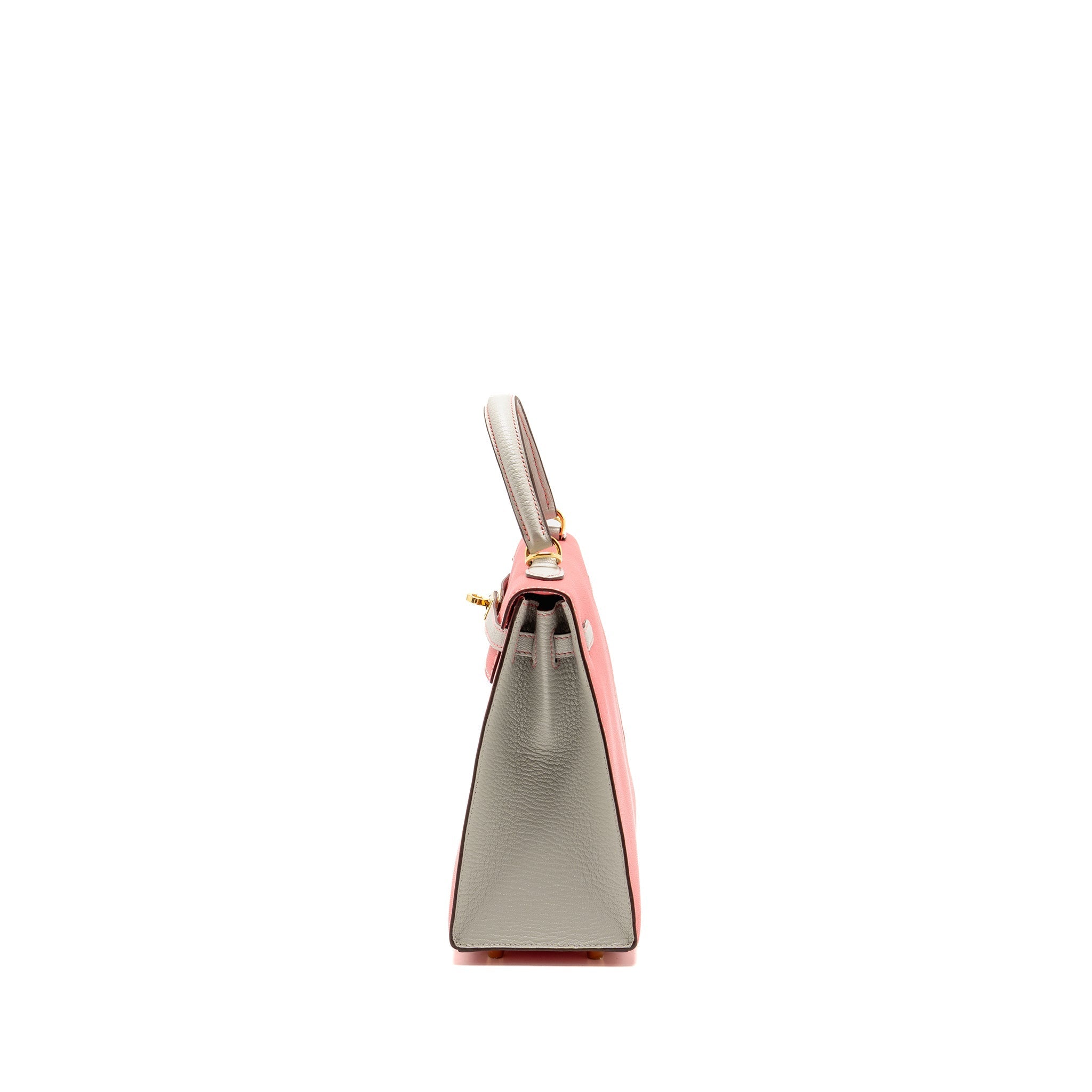 HERMES KELLY 25 SPECIAL ORDER CHÈVRE MYSORE ROSE LIPSTICK / GRIS PERLE GHW