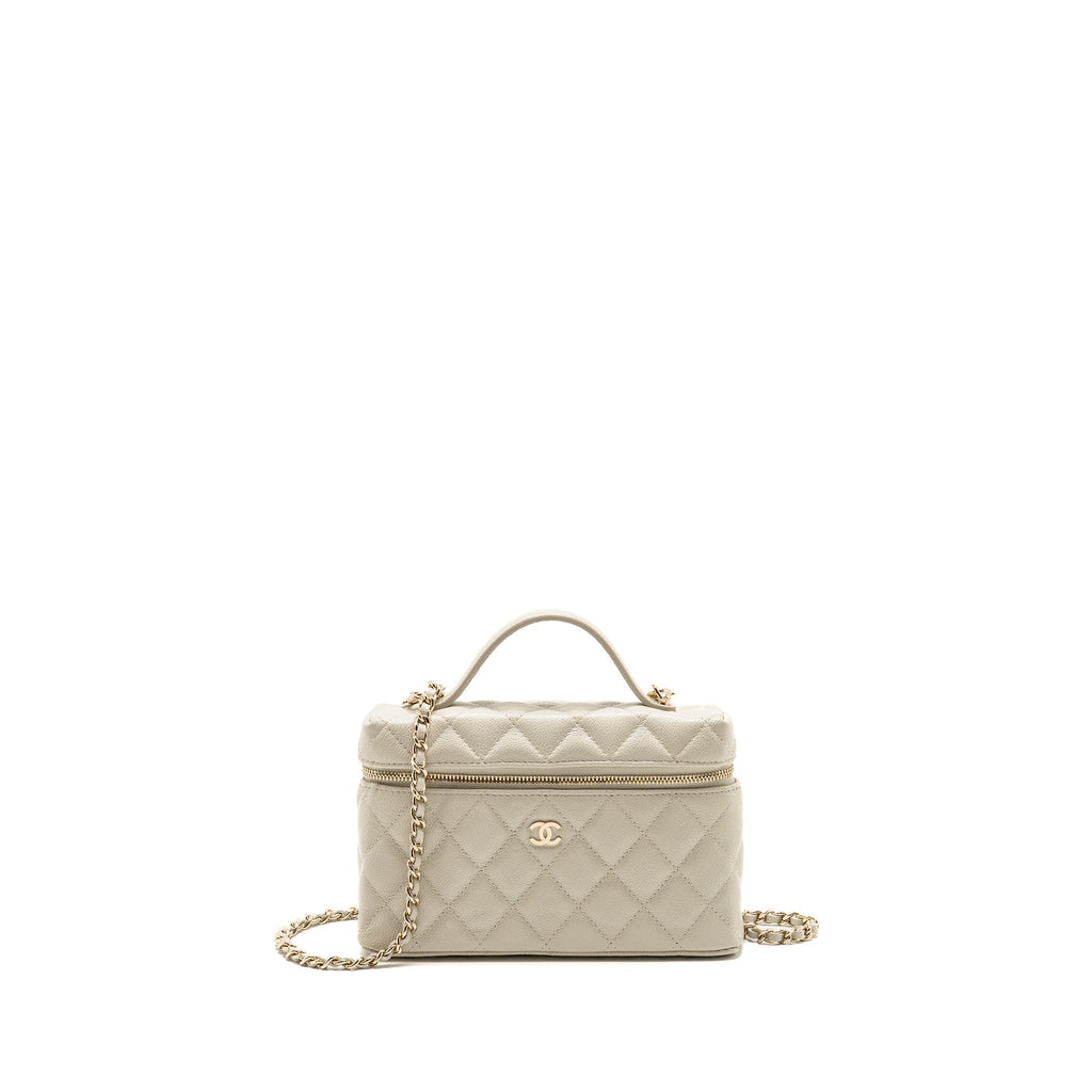 CHANEL CC TOP HANDLE VANITY WITH CHAIN CAVIAR LIGHT GREY LGHW (MICROCHIP)