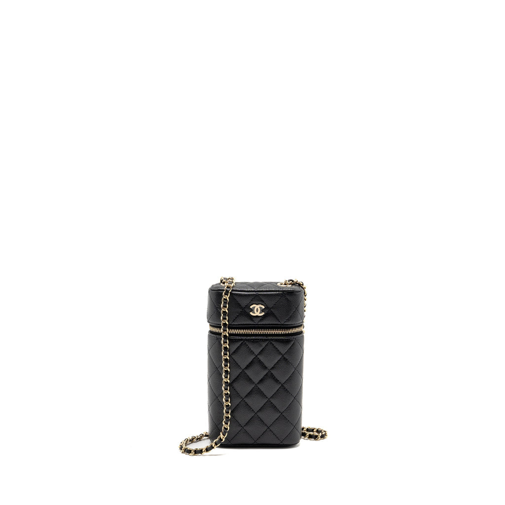 CHANEL CLASSIC VANITY PHONE HOLDER WITH CHAIN CAVIAR BLACK LGHW