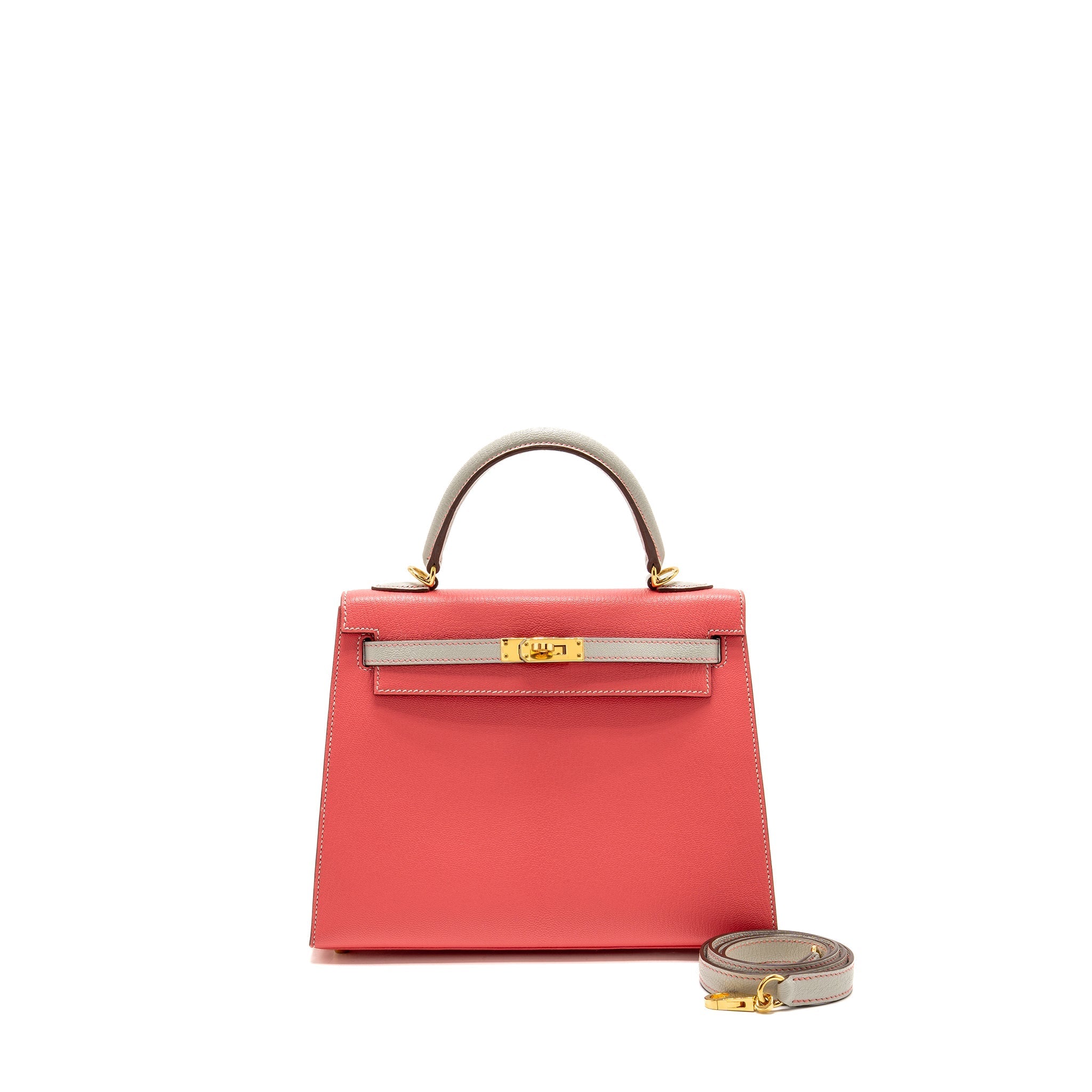 HERMES KELLY 25 SPECIAL ORDER CHÈVRE MYSORE ROSE LIPSTICK / GRIS PERLE GHW