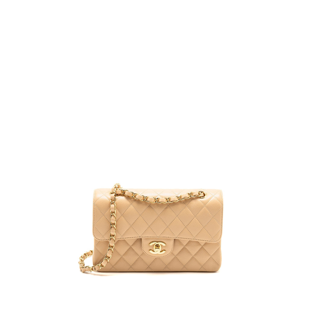CHANEL SMALL CLASSIC DOUBLE FLAP BAG CAVIAR BEIGE GHW (MICROCHIP)