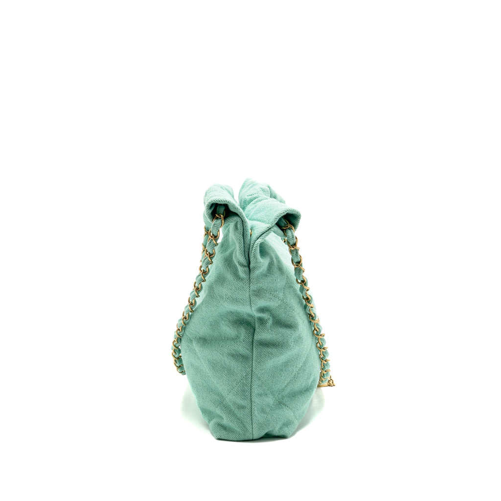 CHANEL SMALL 22 BAG WASHED DENIM AQUA GHW (MICROCHIP)