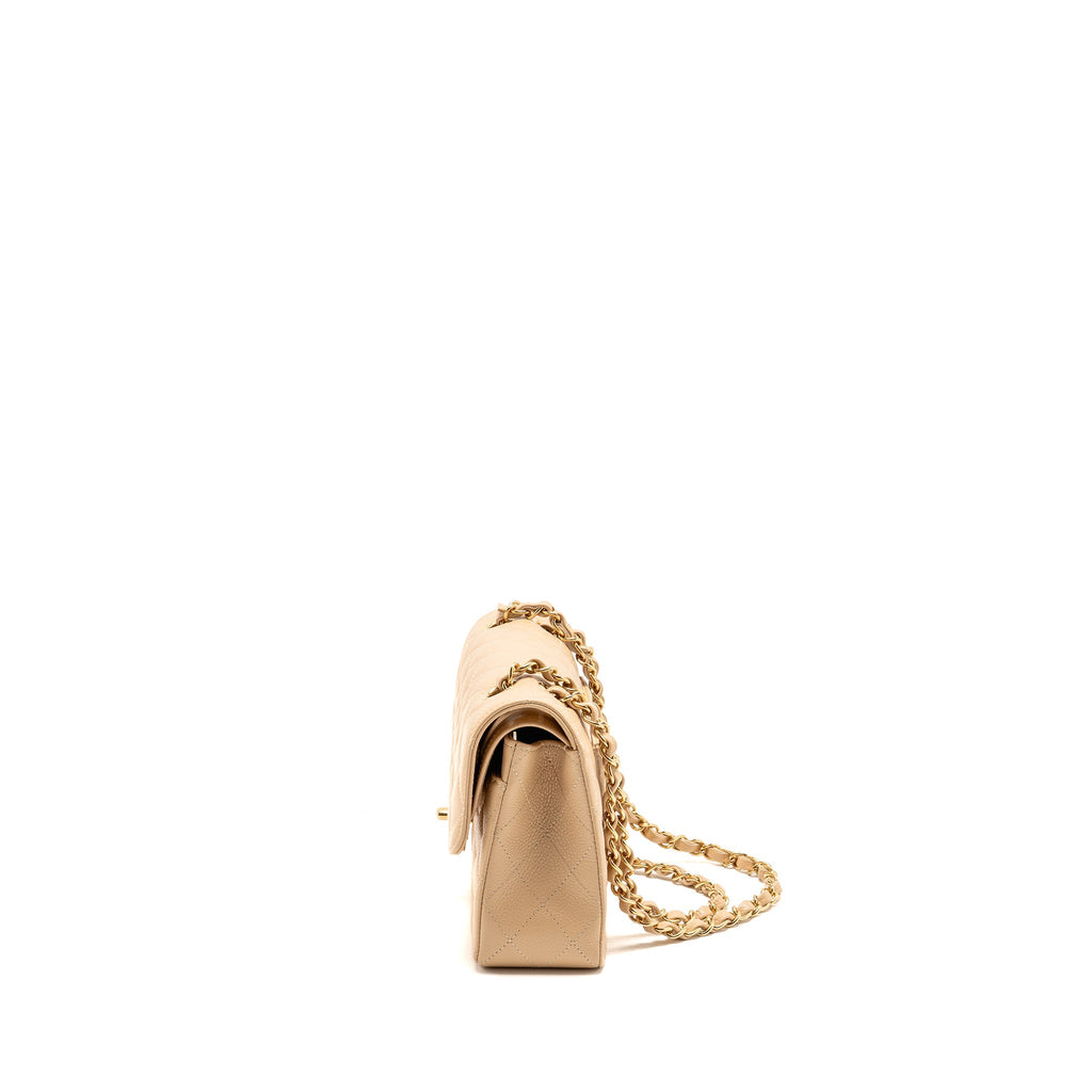 CHANEL SMALL CLASSIC DOUBLE FLAP BAG CAVIAR BEIGE GHW (MICROCHIP)