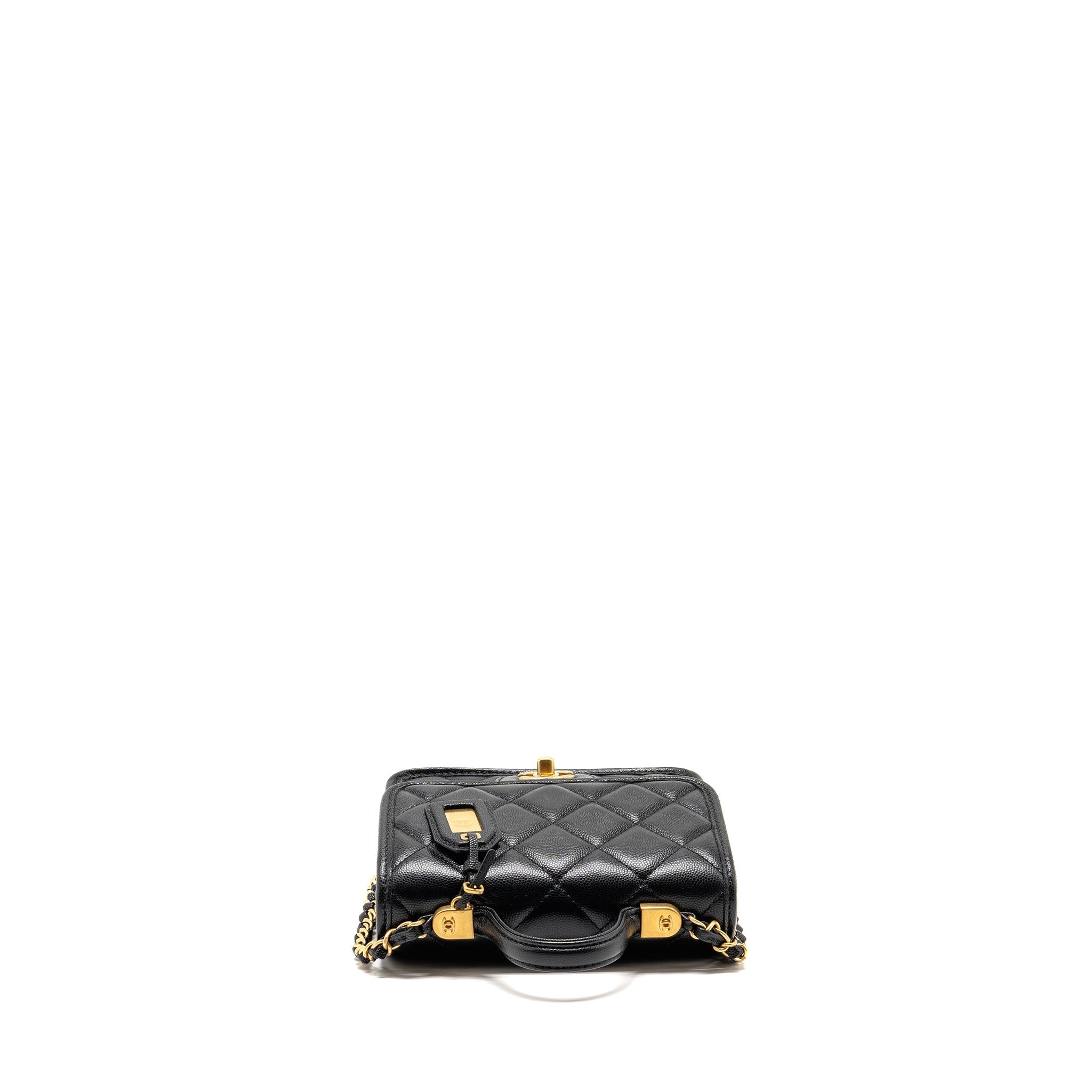 CHANEL 22K MINI FLAP BAG WITH TOP HANDLE CAVIAR BLACK GHW (MICROCHIP)