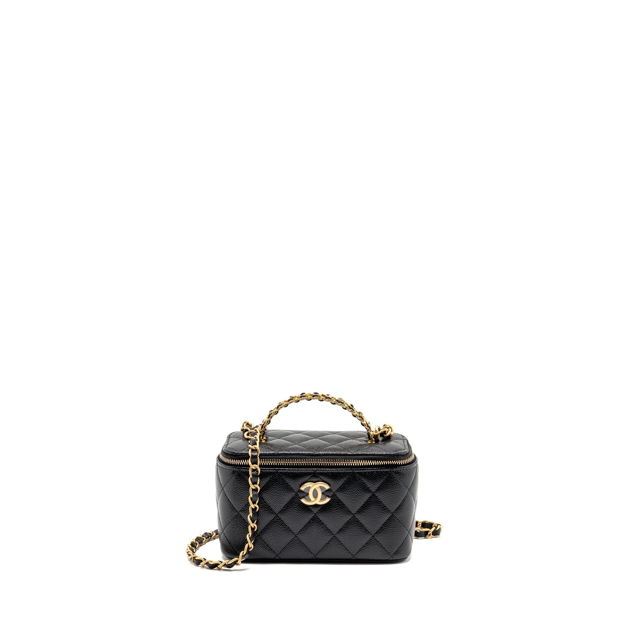 CHANEL LETTER TOP HANDLE LONG VANITY WITH CHAIN CAVIAR BLACK GHW